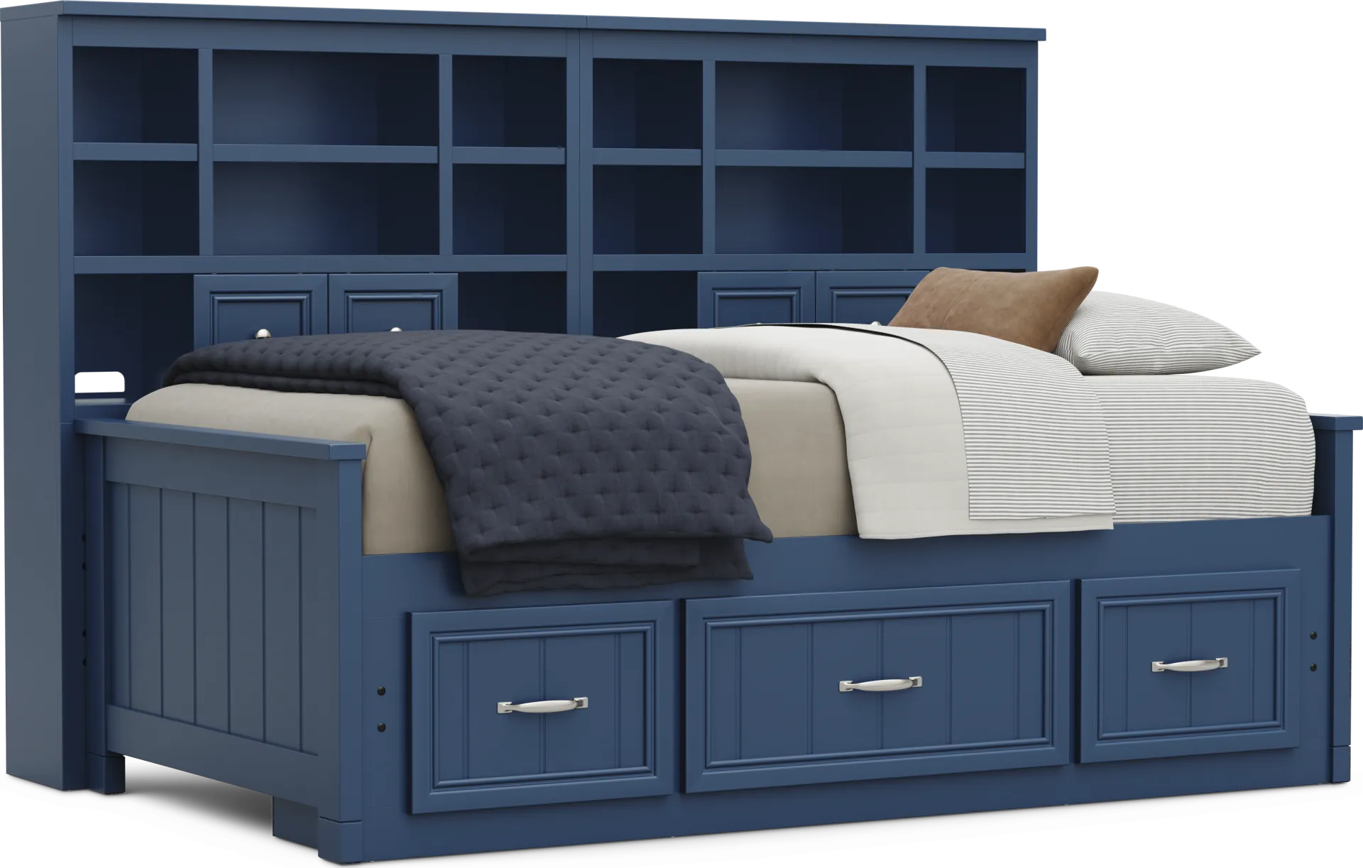 Kids Cottage Colors 2.0 Navy Twin Bookcase Wall Bed with Storage Side Rail - Image 1
