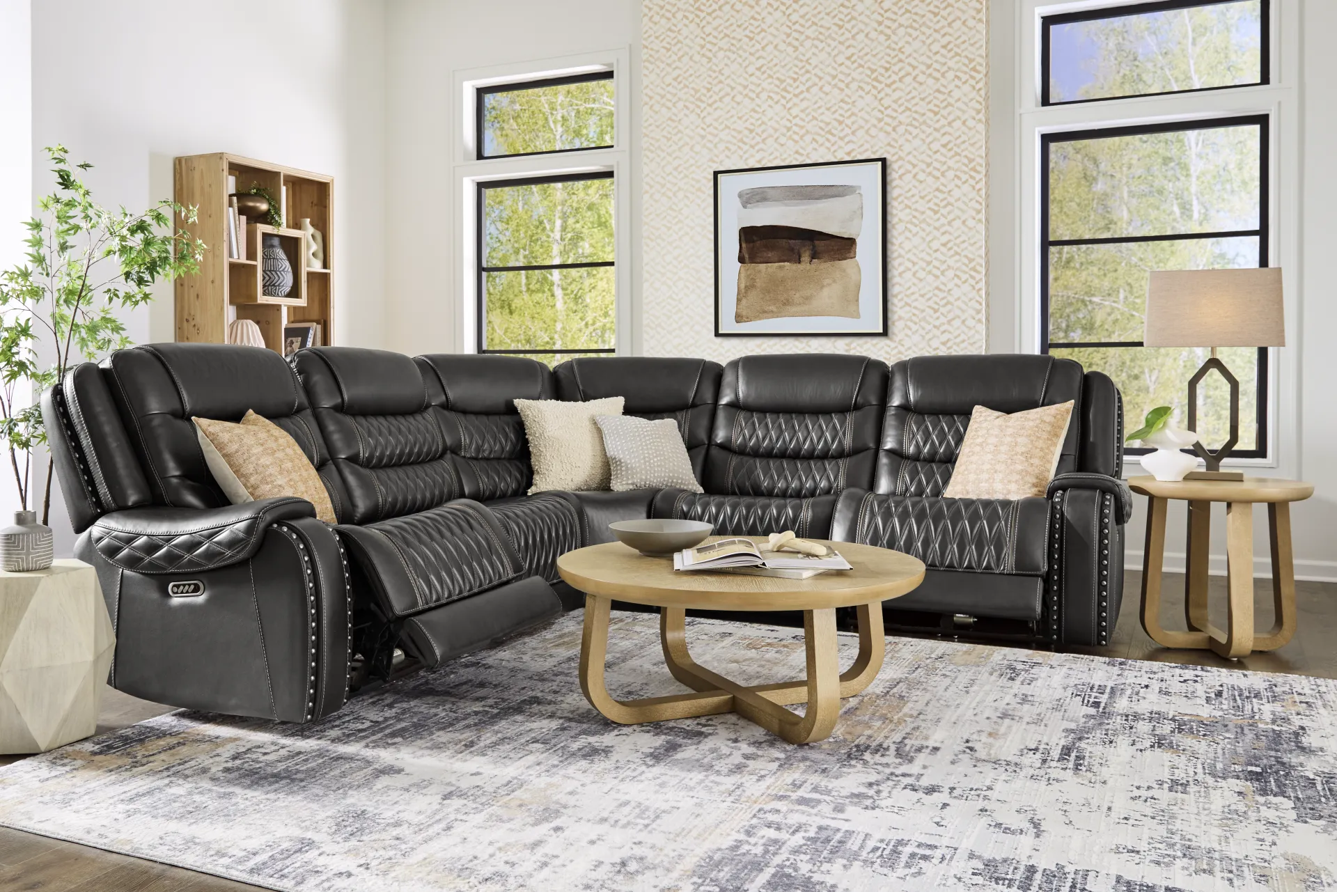 Marquee Black Leather 5 Pc Triple Power Reclining Sectional - Image 1