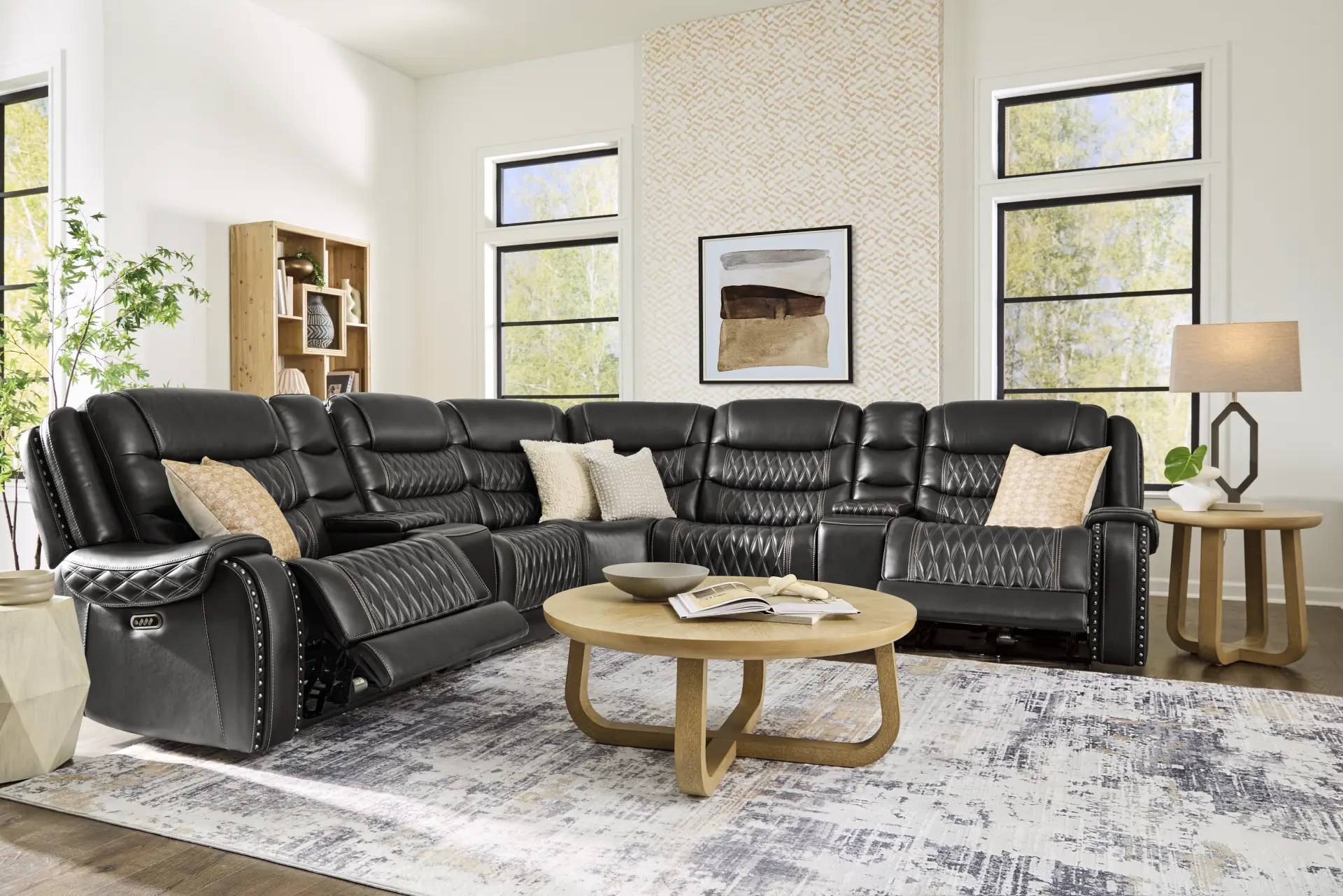 Marquee Black Leather 7 Pc Triple Power Reclining Sectional