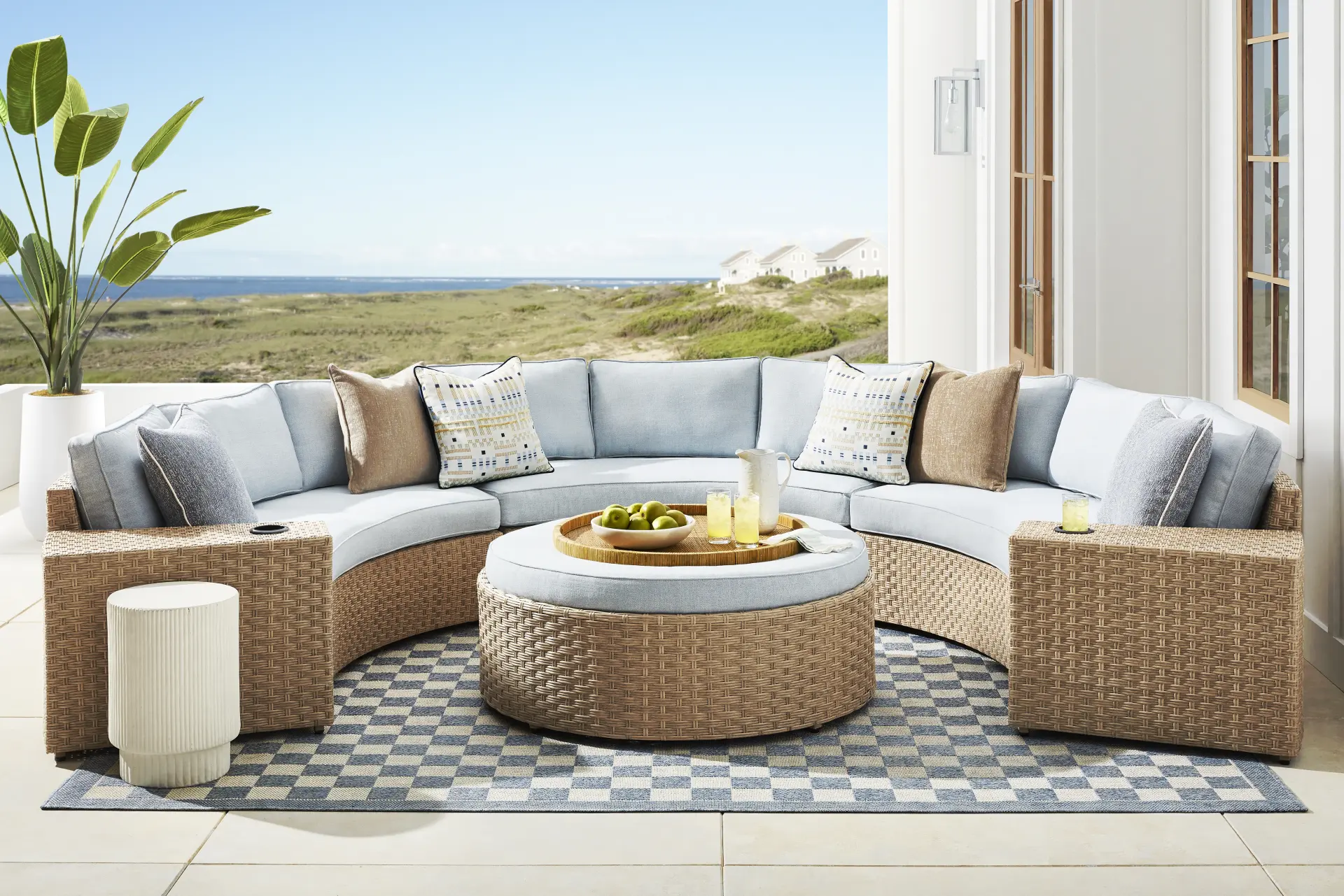 Rialto II Natural 5 Pc Curved Outdoor Sectional with Sky Cushions