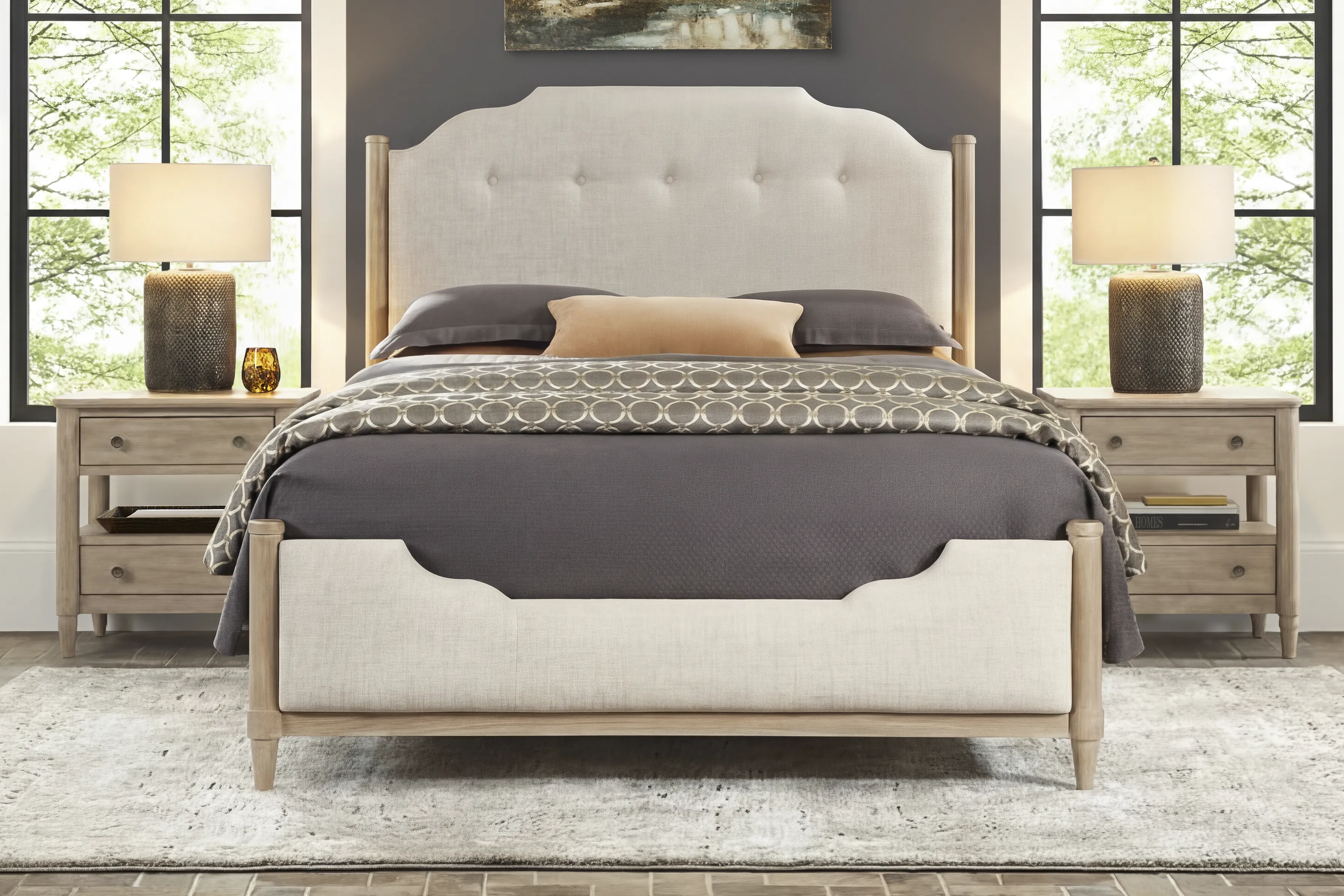 Oakwood Terrace Tan Light Wood Microfiber 3 Pc King Upholstered