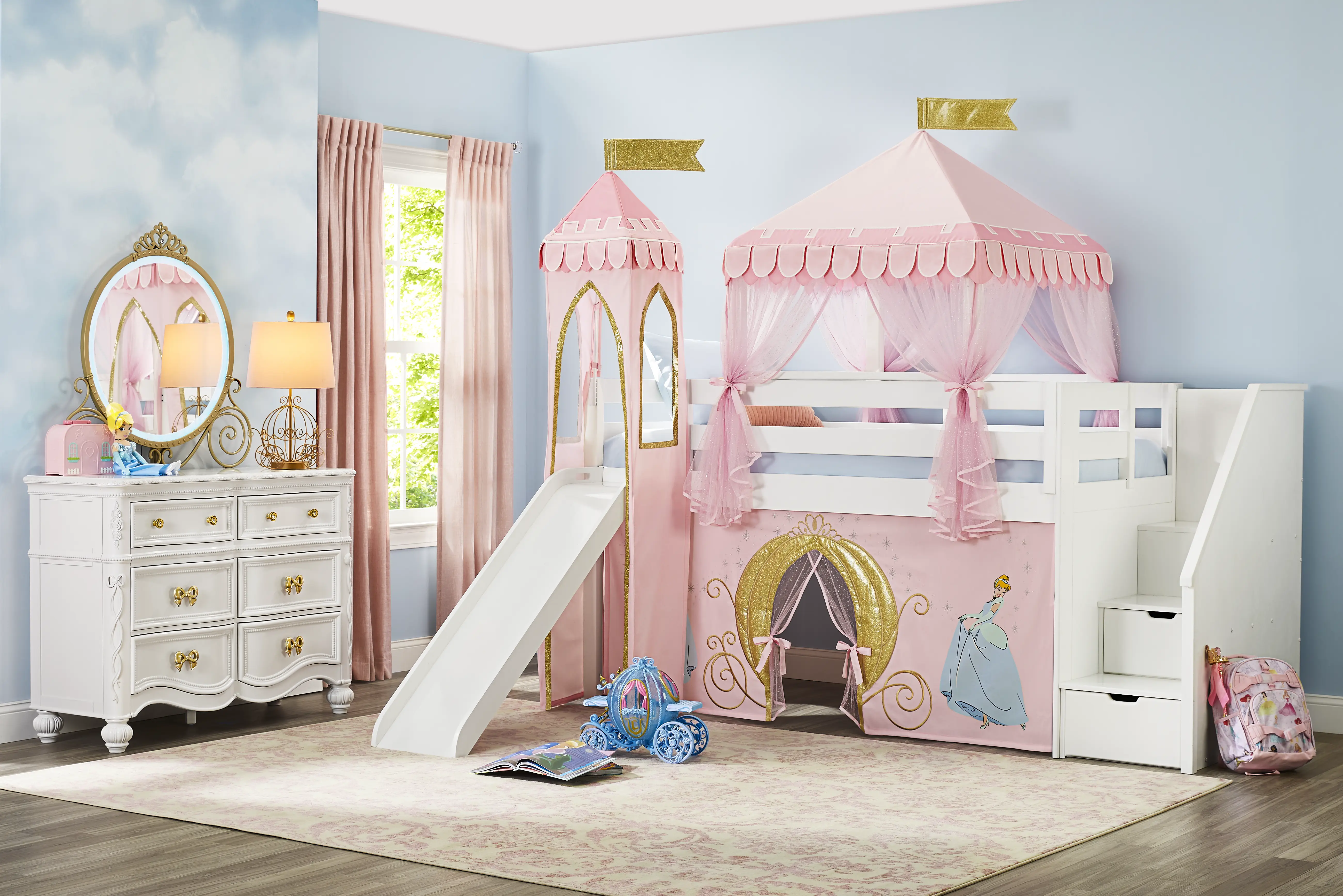 Disney Princess White Twin Low Step Loft with Slide, Tent & Tower - Thumbnail - Image 1