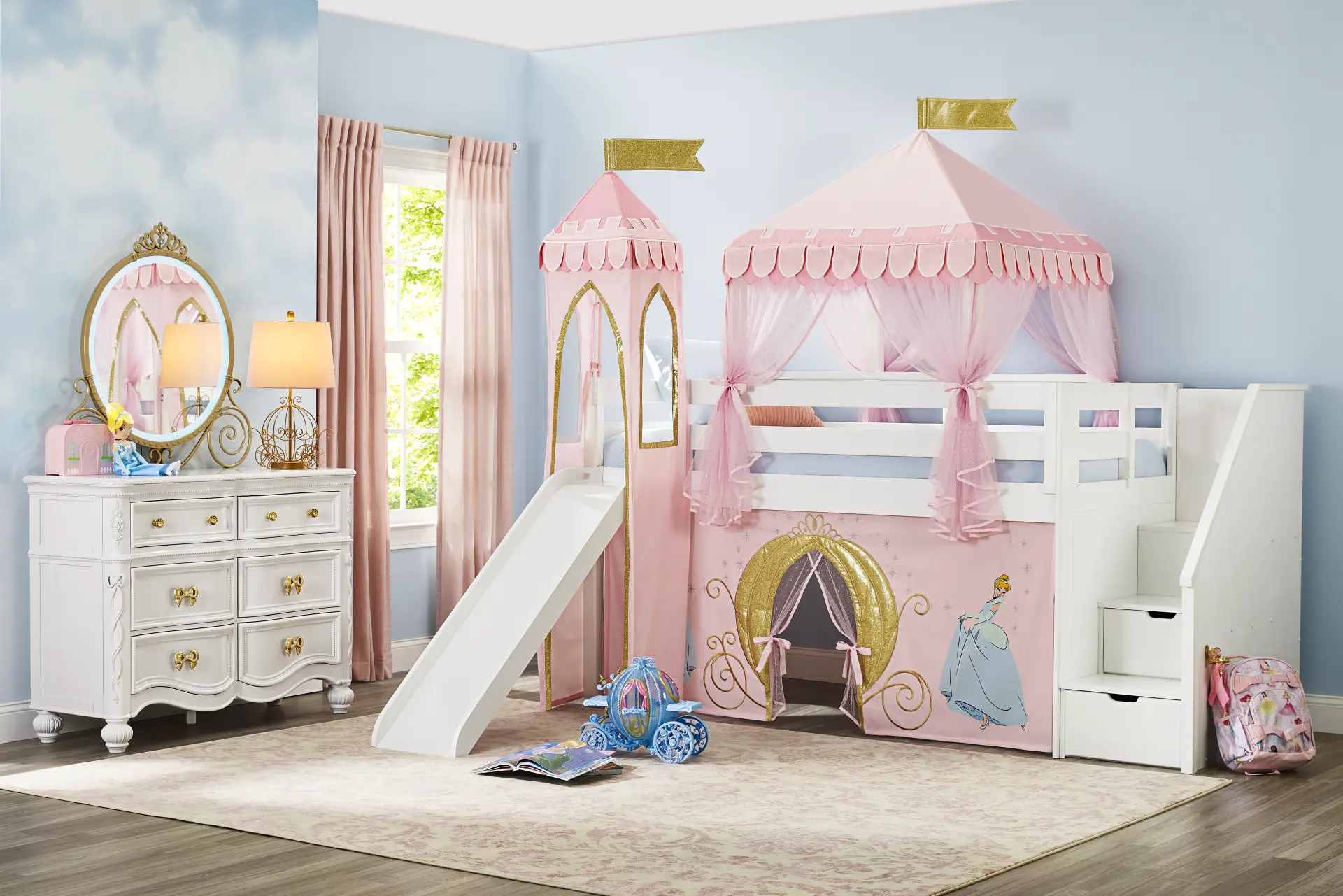 Disney Princess White Twin Low Step Loft with Slide, Tent & Tower