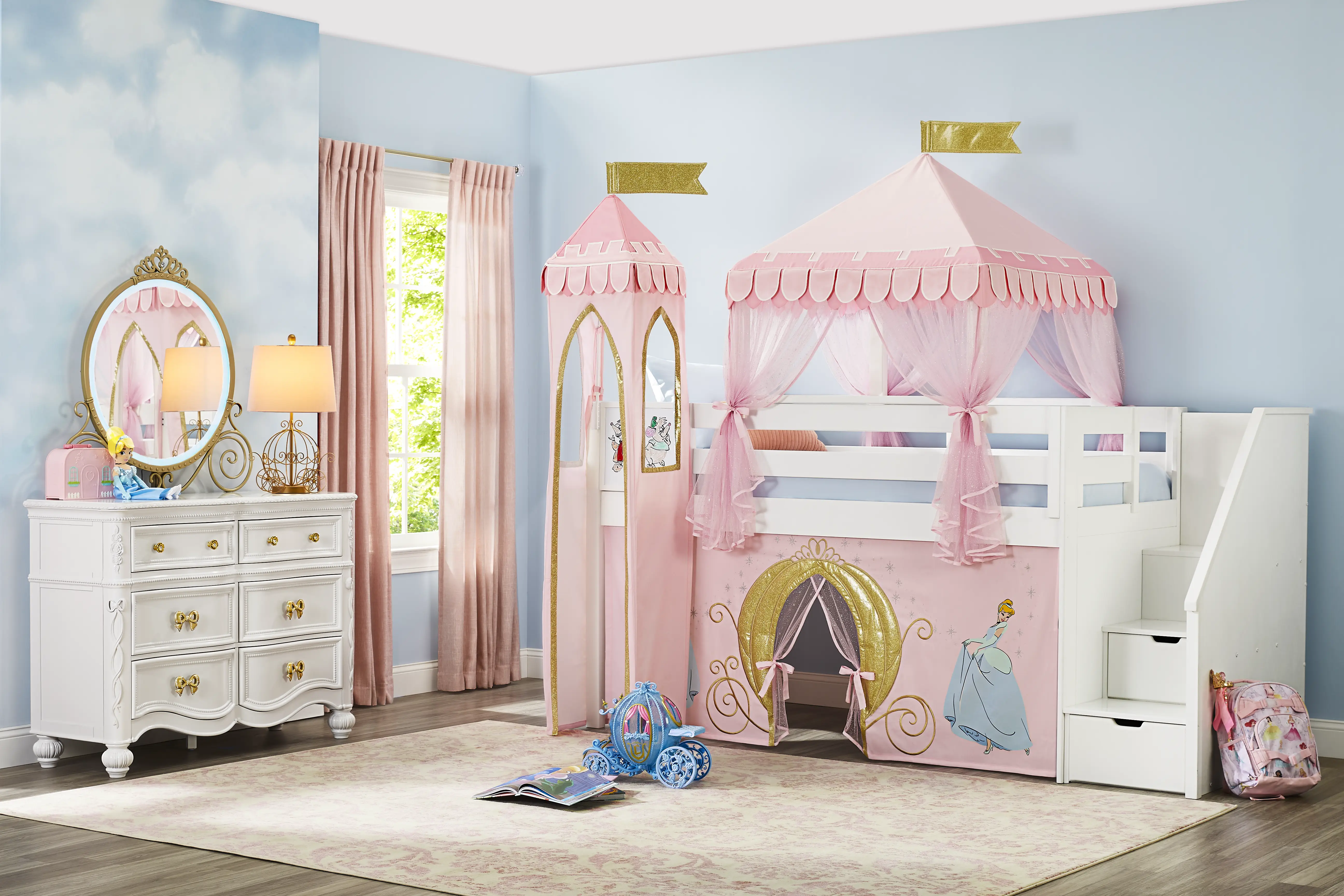 Disney Princess White Twin Low Step Loft with Activity Panel, Tent & Tower - Thumbnail - Image 1