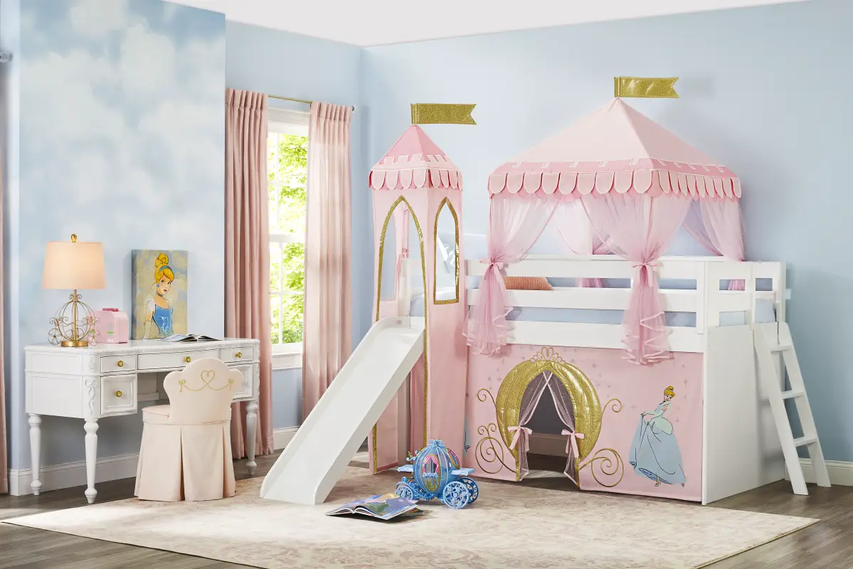 Disney Princess White Twin Low Loft with Slide, Tent & Tower