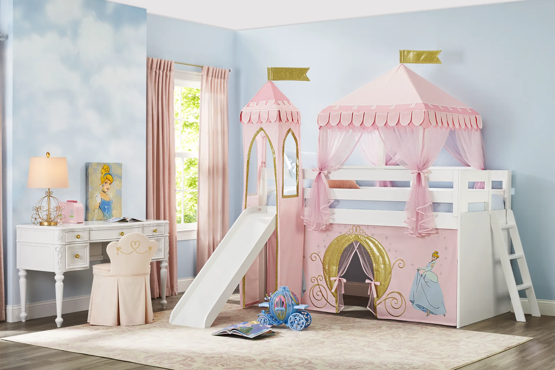 Disney Princess White Twin Low Loft with Slide, Tent & Tower - Image 1