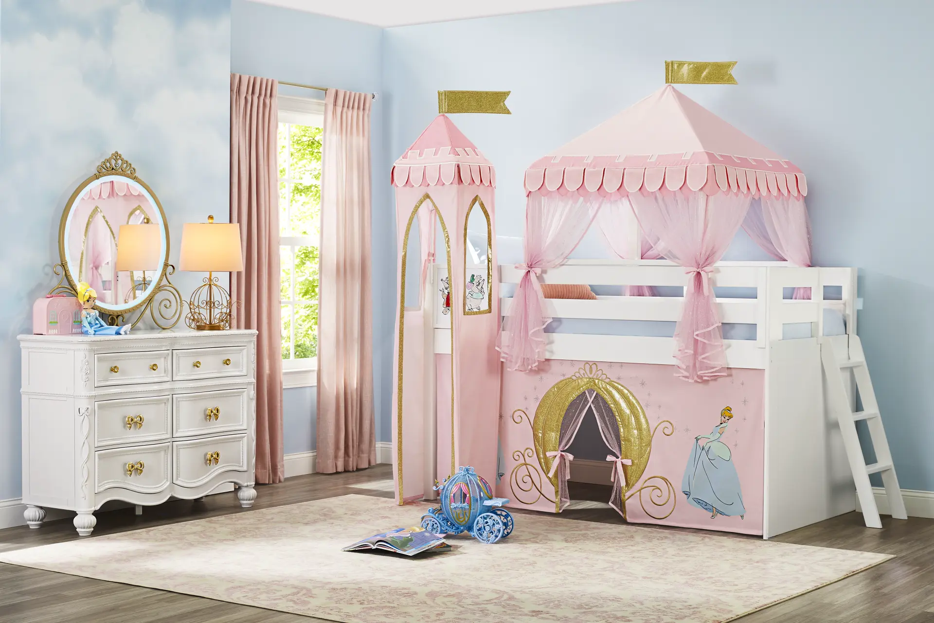 Disney Princess White Twin Low Loft with Activity Panel, Tent & Tower