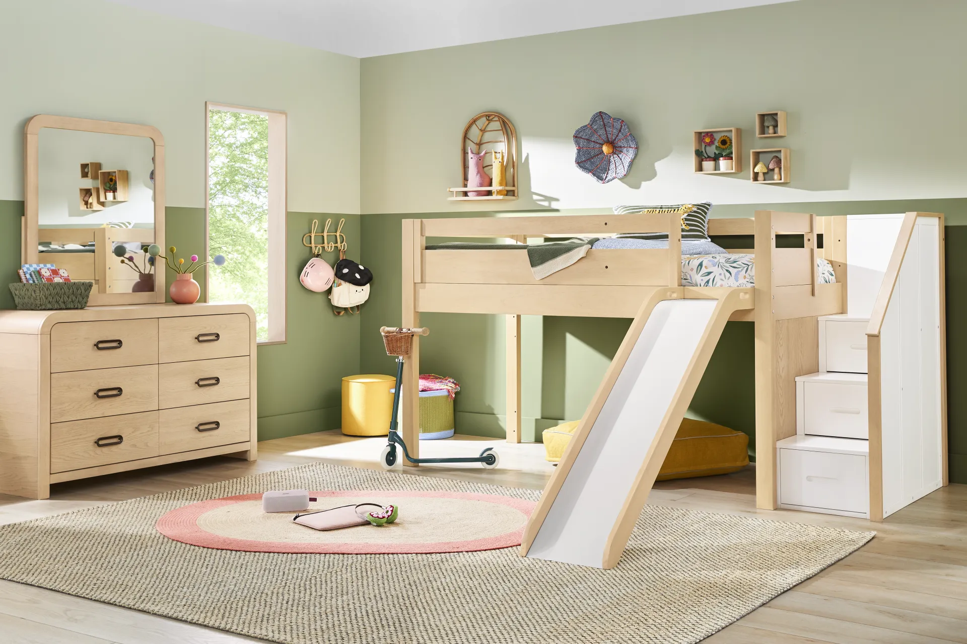 Kids Hidden Hills Light Oak Twin Low Loft with Steps and Slide - Image 1