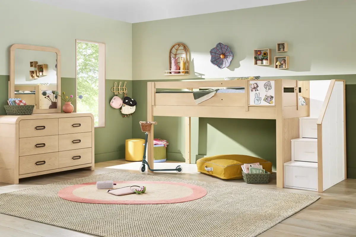 Kids Hidden Hills Light Oak Twin Low Loft with Steps and Activity Panel