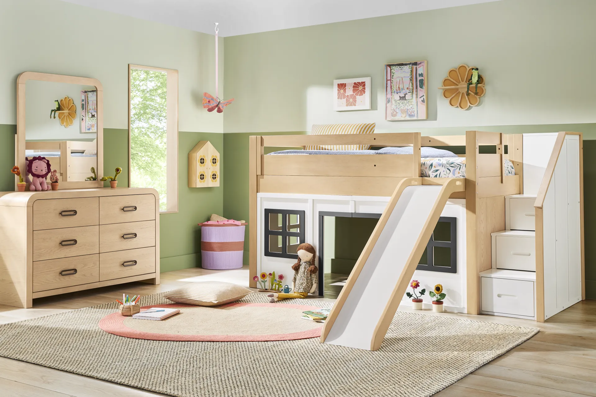 Kids Hidden Hills Light Oak Twin Low Loft Clubhouse with Steps and Slide - Image 1