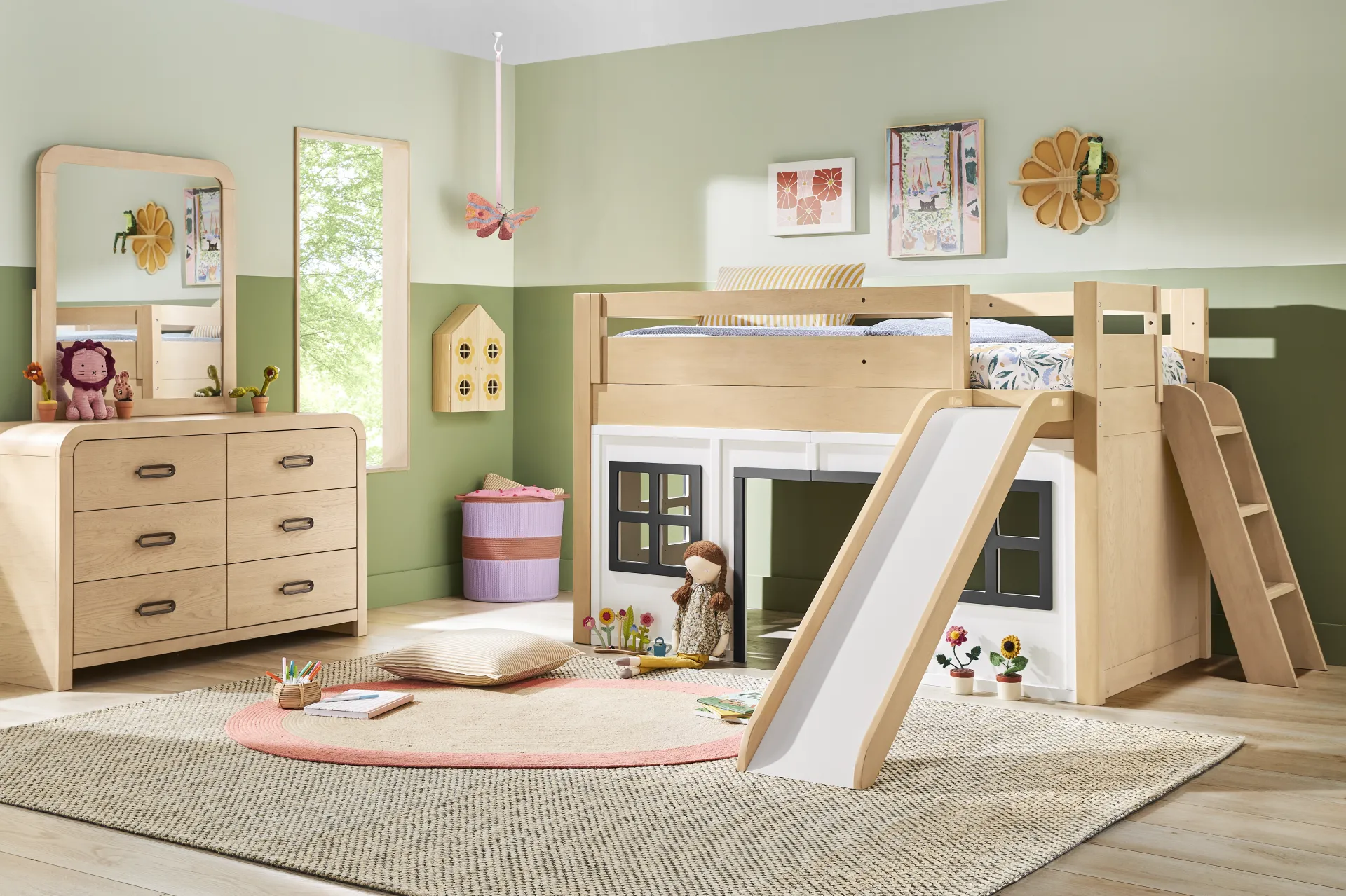 Kids Hidden Hills Light Oak Twin Low Loft Clubhouse with Slide - Image 1