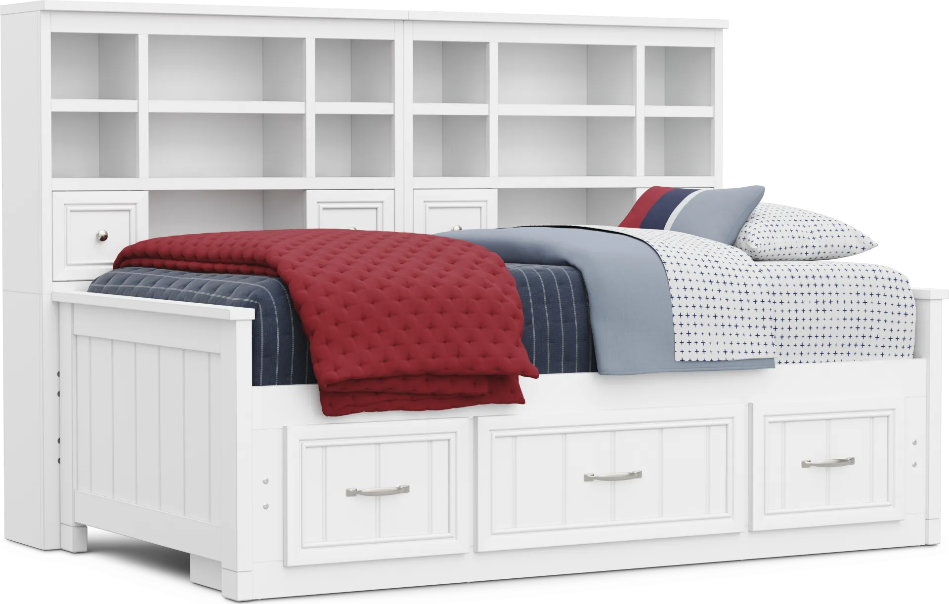 Kids Cottage Colors 2.0 White Twin Bookcase Wall Bed with Storage Side Rail - Image 1