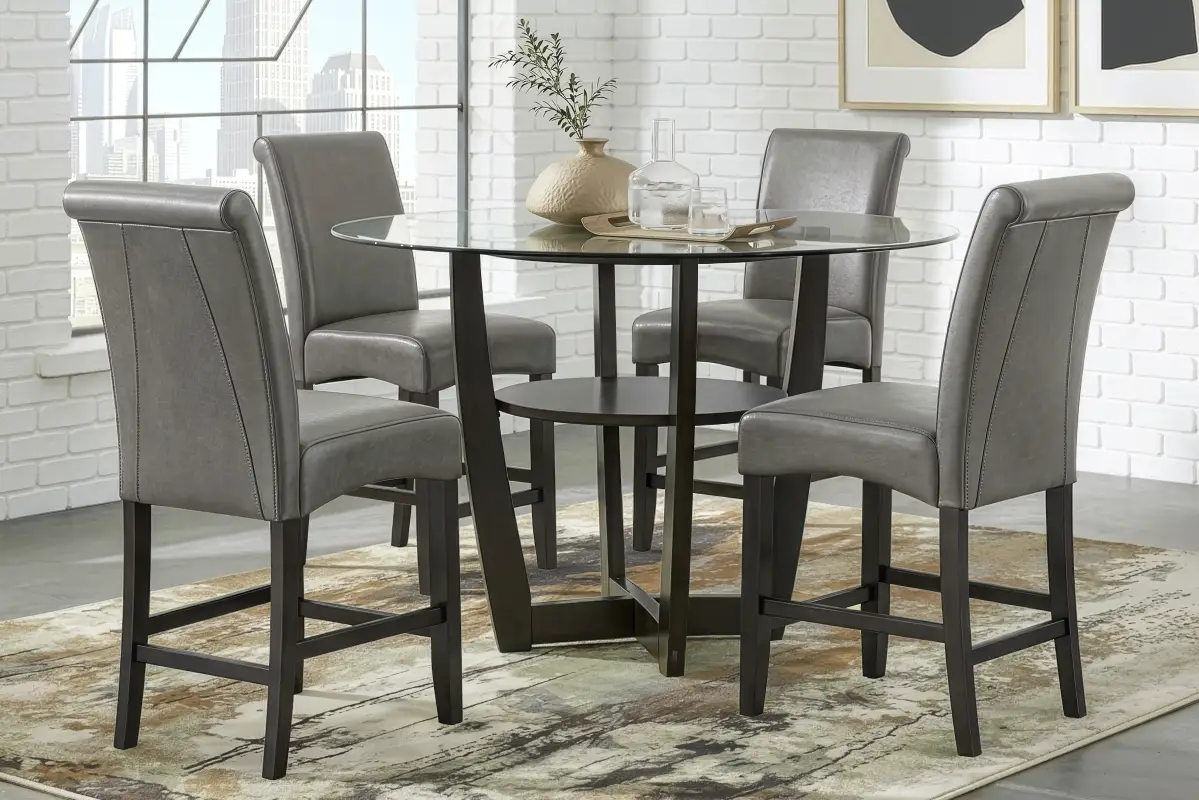 Ciara Espresso 5 Pc 48" Round Counter Height Dining Room with Gray Stools