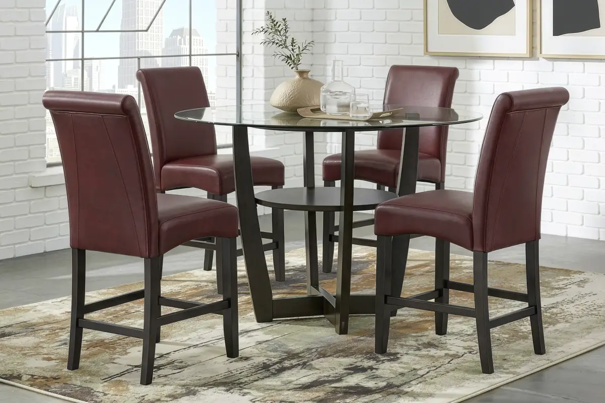 Ciara Espresso 5 Pc 48" Round Counter Height Dining Room with Burgundy Stools