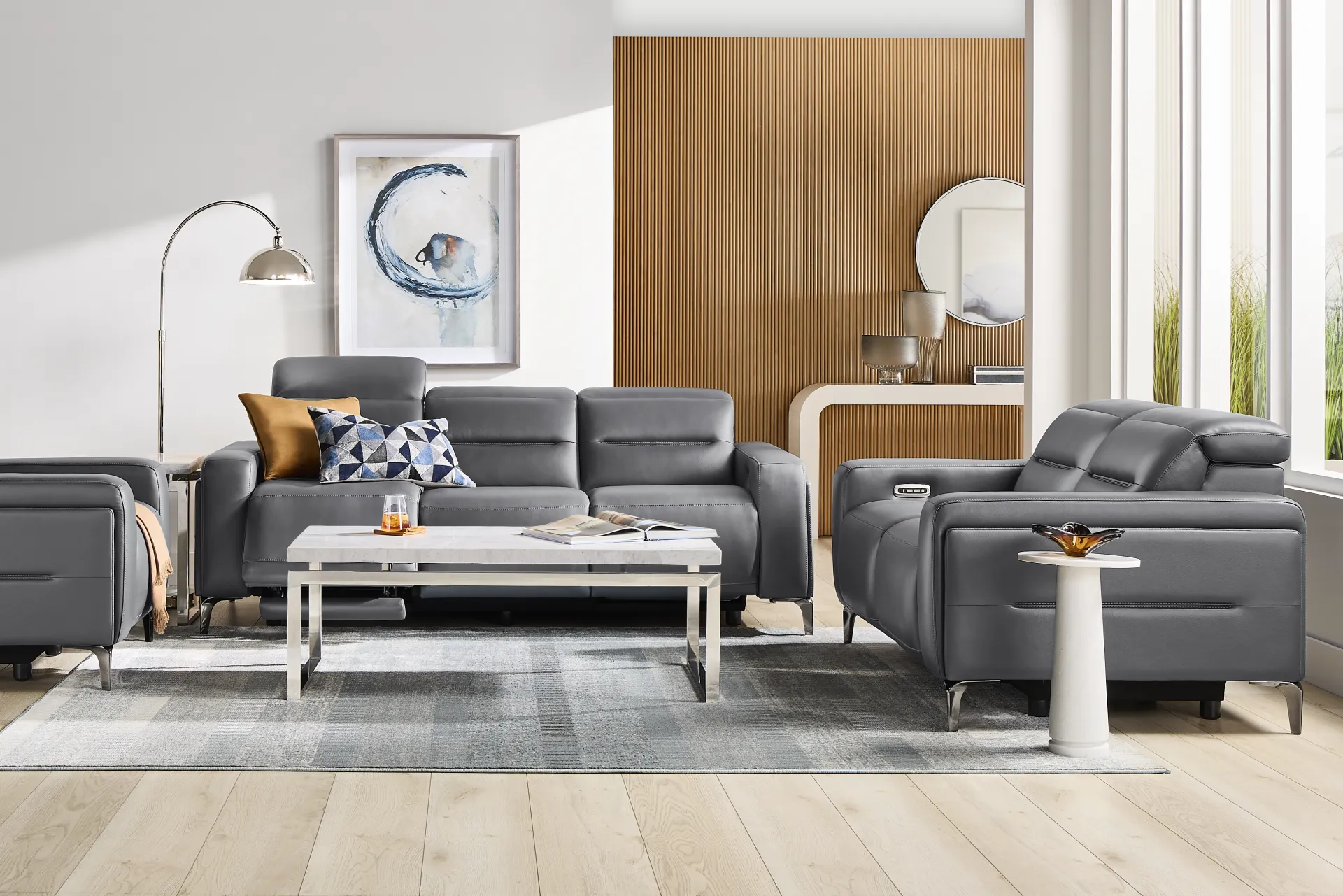 Amalfi Blue Leather Dual Power Reclining Sofa - Image 2