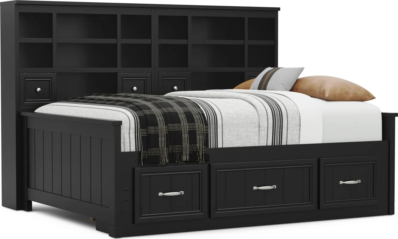 Kids Cottage Colors 2.0 Black Full Bookcase Wall Bed with Storage Side Rail