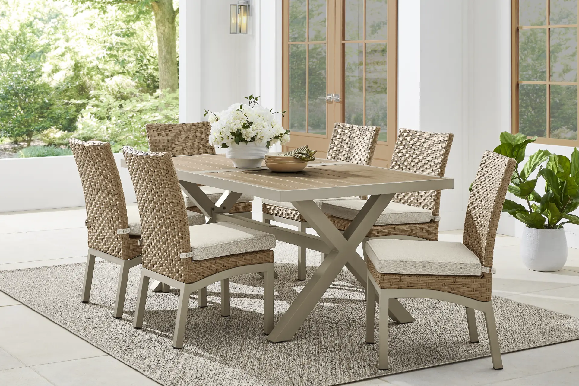 Rialto II Natural 7 Pc 71 in. Outdoor Dining Set with Sand Cushions