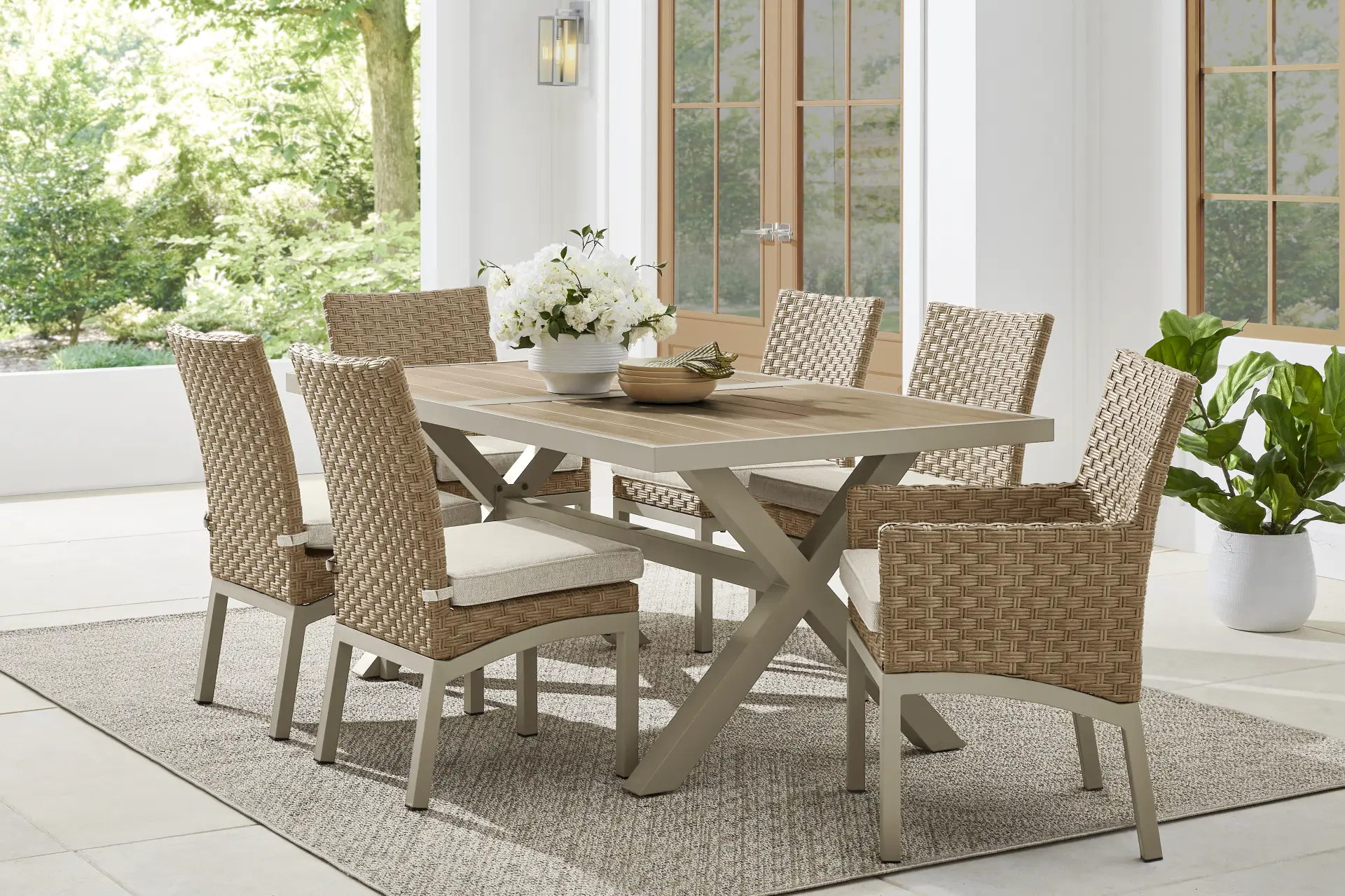 Rialto II Natural 7 Pc 71 in. Outdoor Dining Set with Sand Cushions
