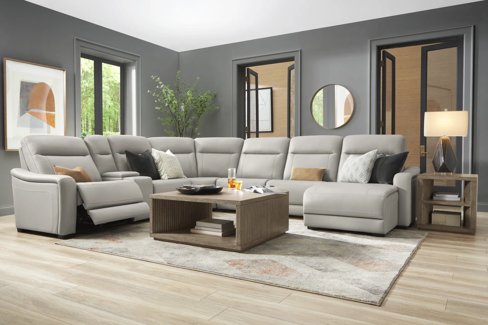 Newport Gray Leather 7 Pc Dual Power Reclining Sectional - Image 2
