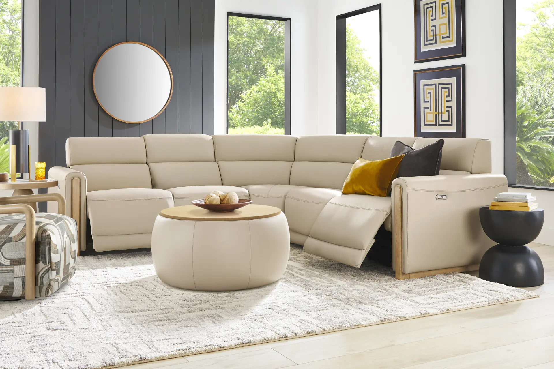 Stefano Almond Leather 5 Pc Dual Power Reclining Sectional
