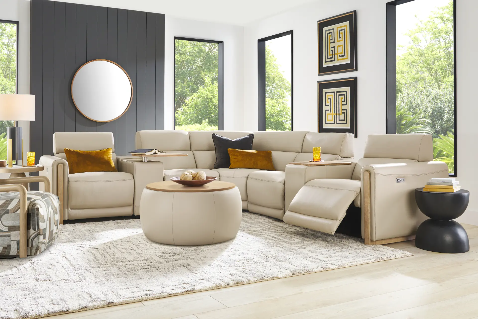 Stefano Almond Leather 7 Pc Dual Power Reclining Sectional