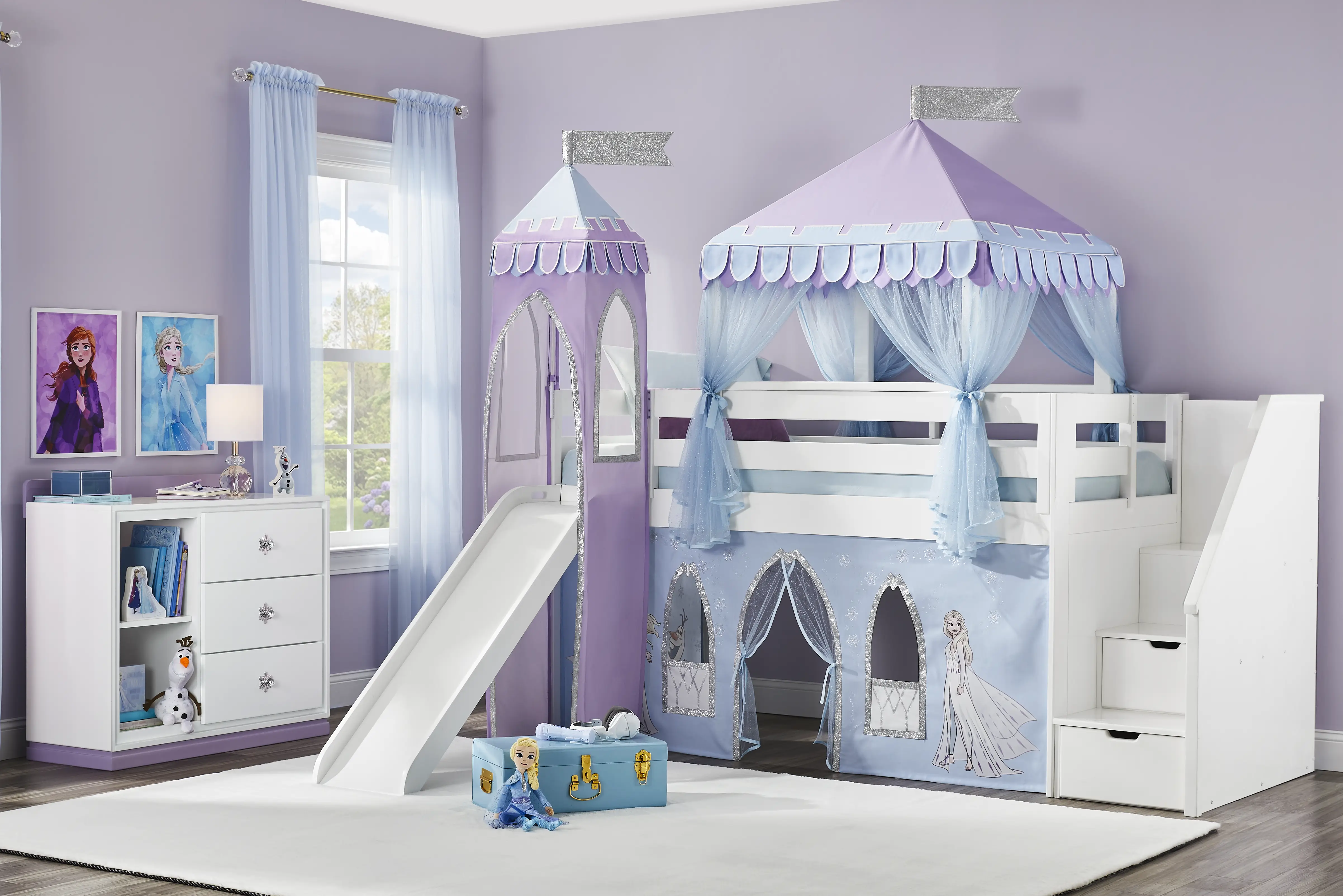 Frozen White Twin Low Step Loft with Slide, Tent & Tower - Thumbnail - Image 1