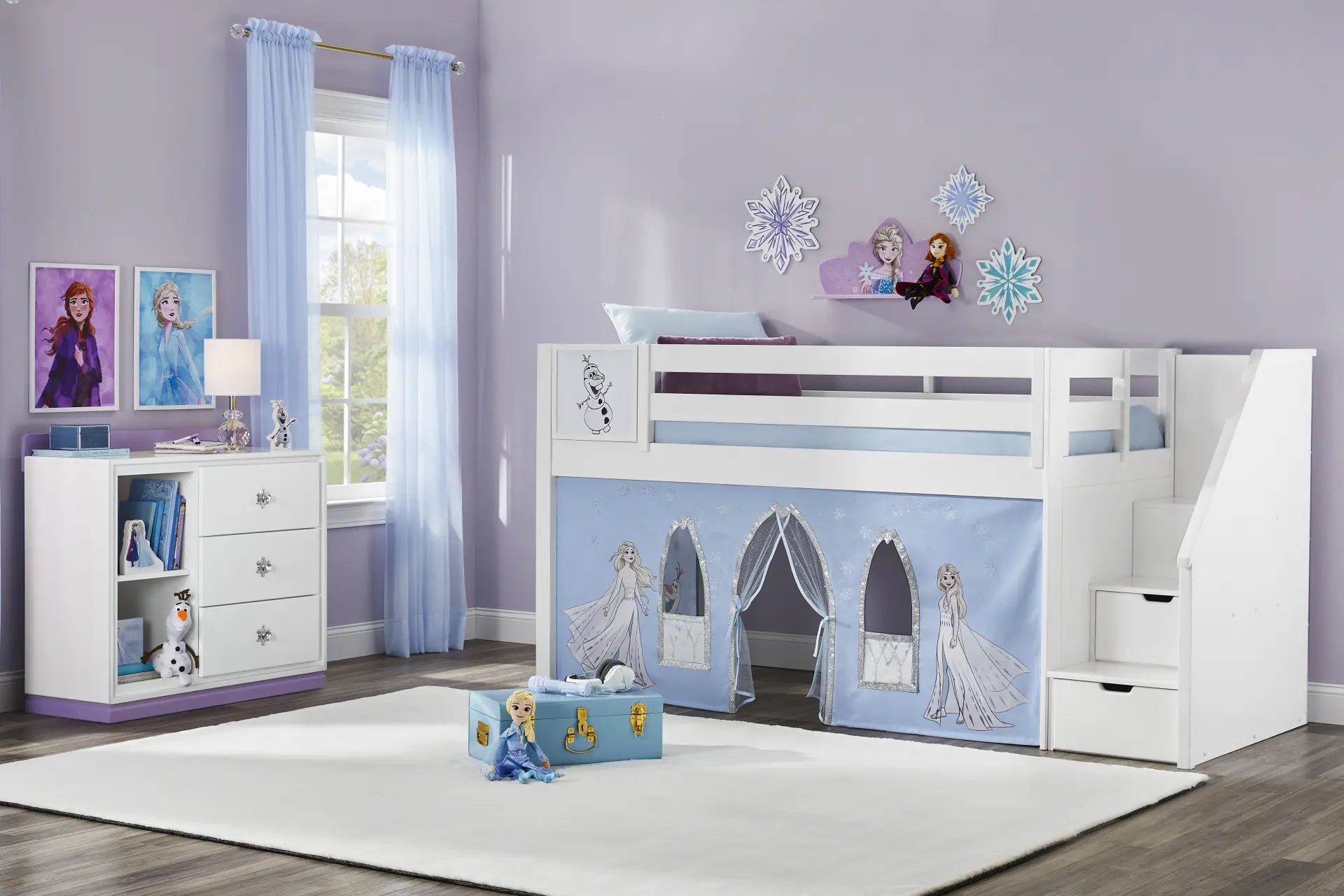 Frozen White Twin Low Step Loft with Activity Panel