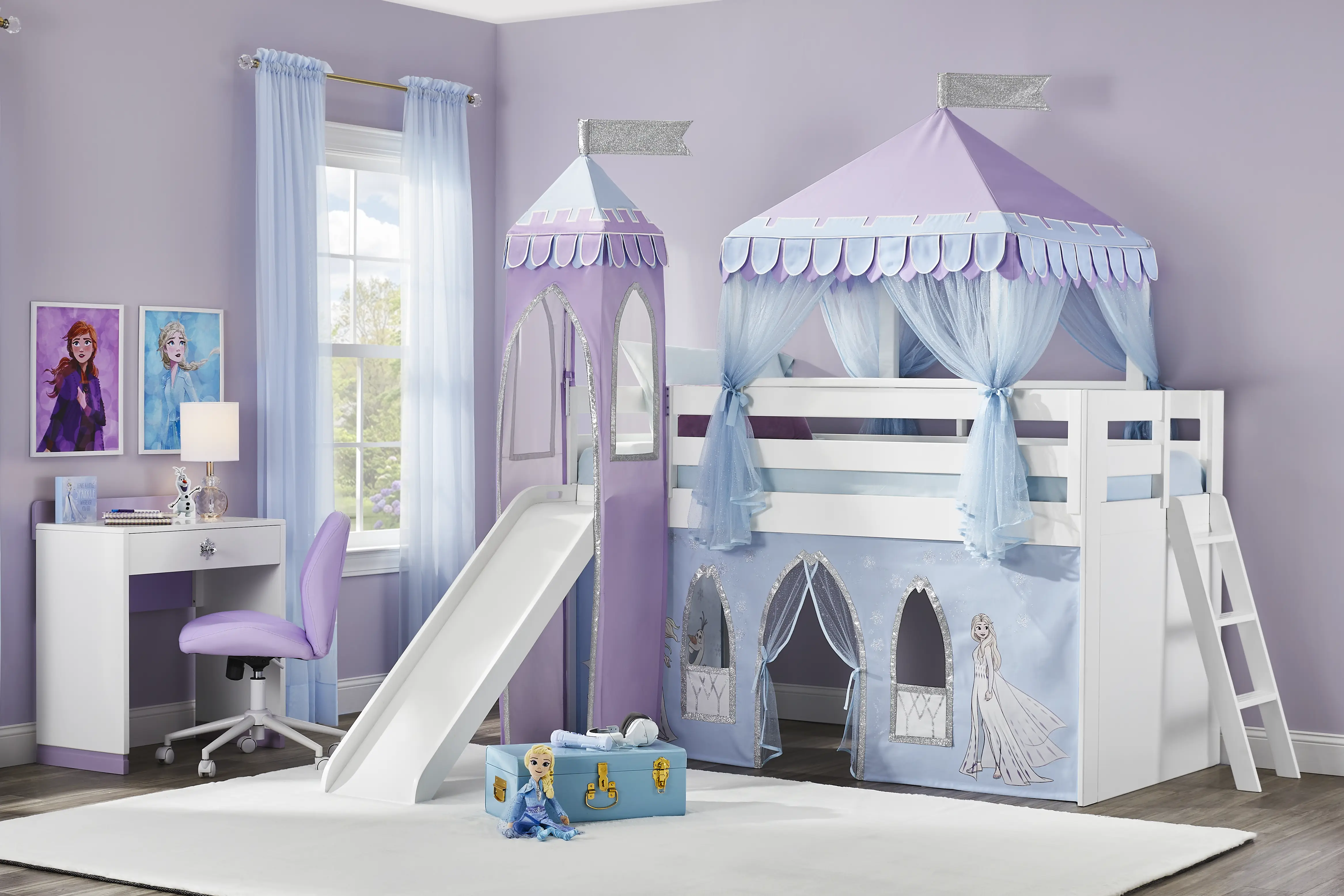 Frozen White Twin Low Loft with Slide, Tent & Tower - Thumbnail - Image 1