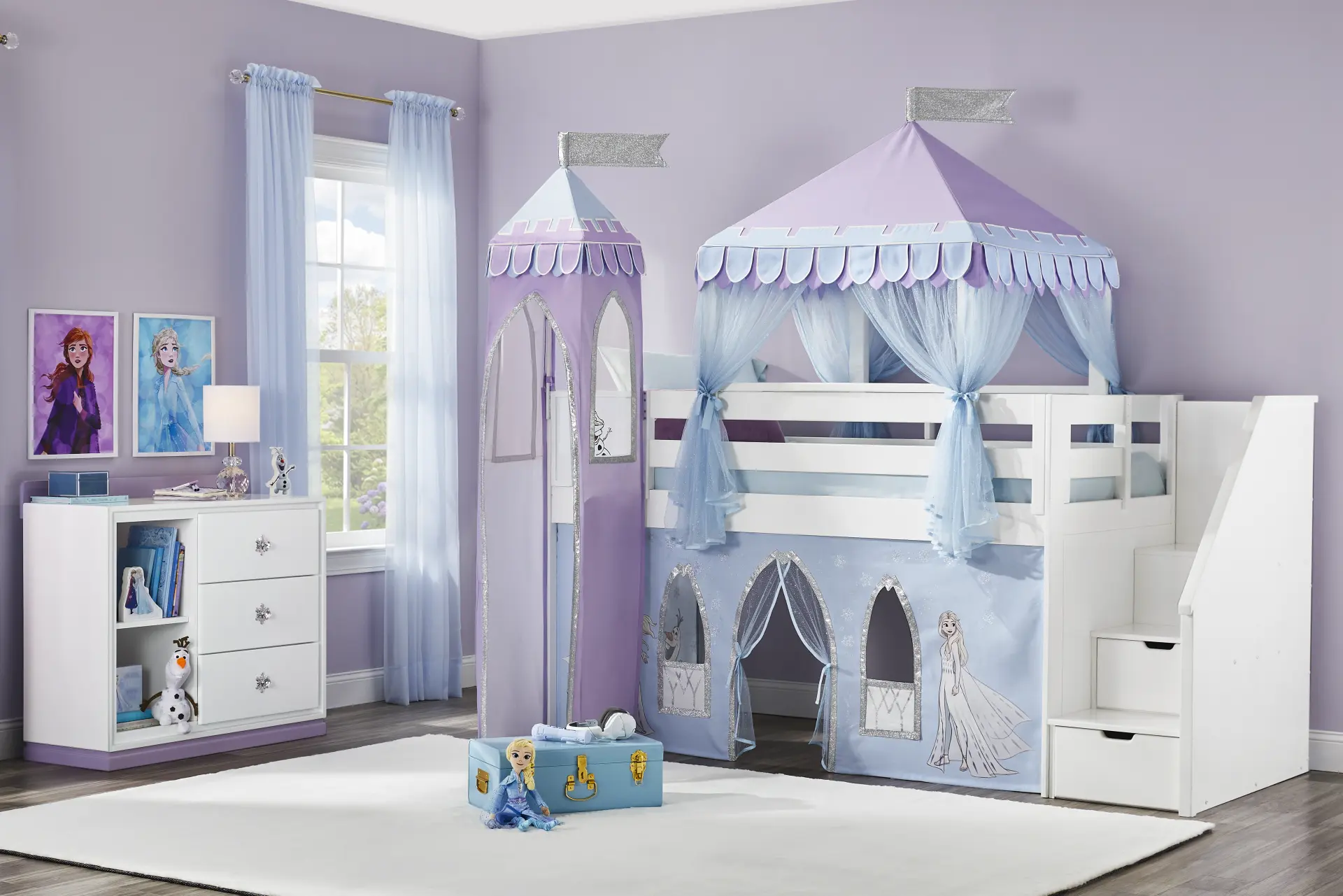 Frozen White Twin Low Step Loft with Activity Panel, Tent & Tower