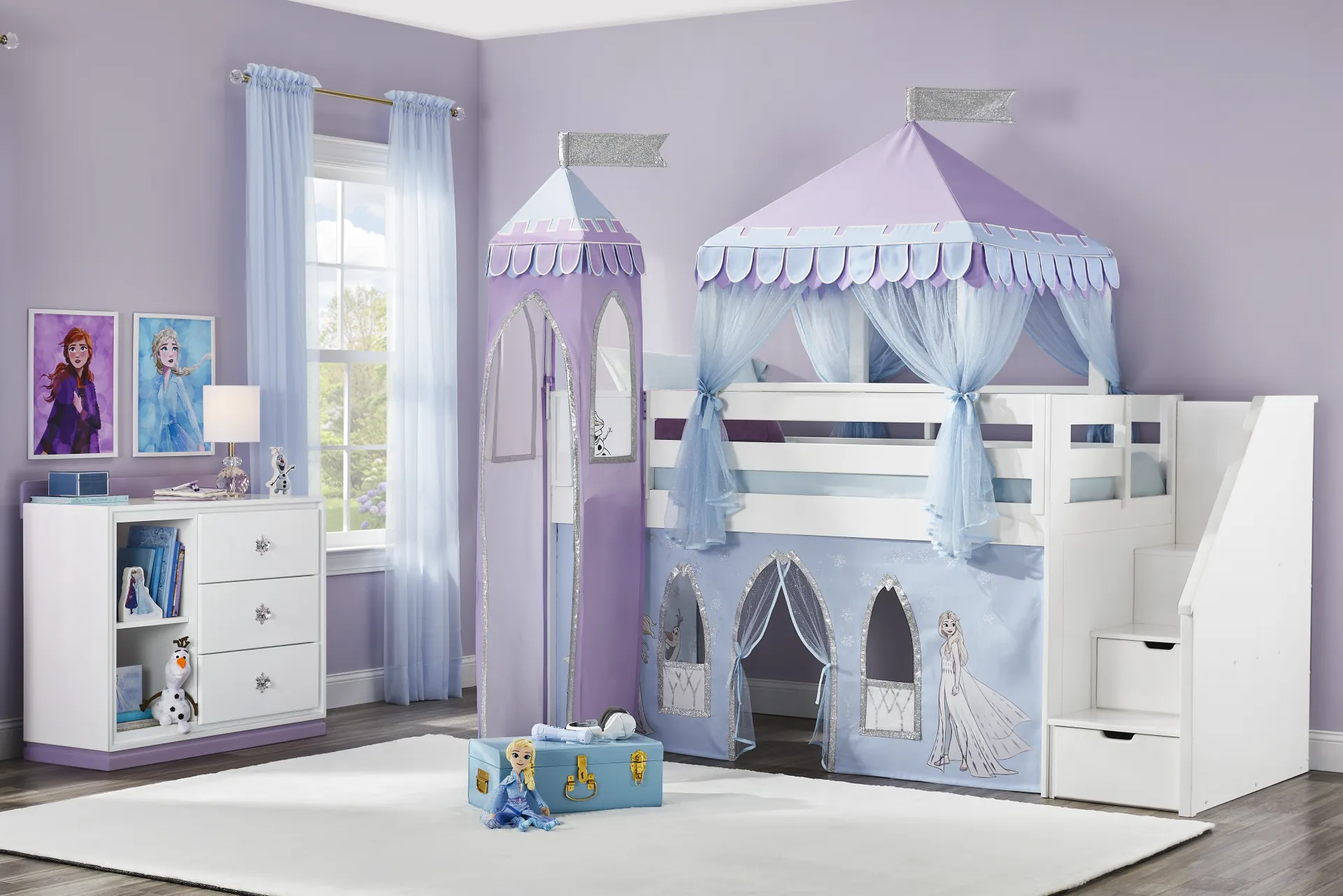 Frozen White Twin Low Step Loft with Activity Panel, Tent & Tower - Image 1