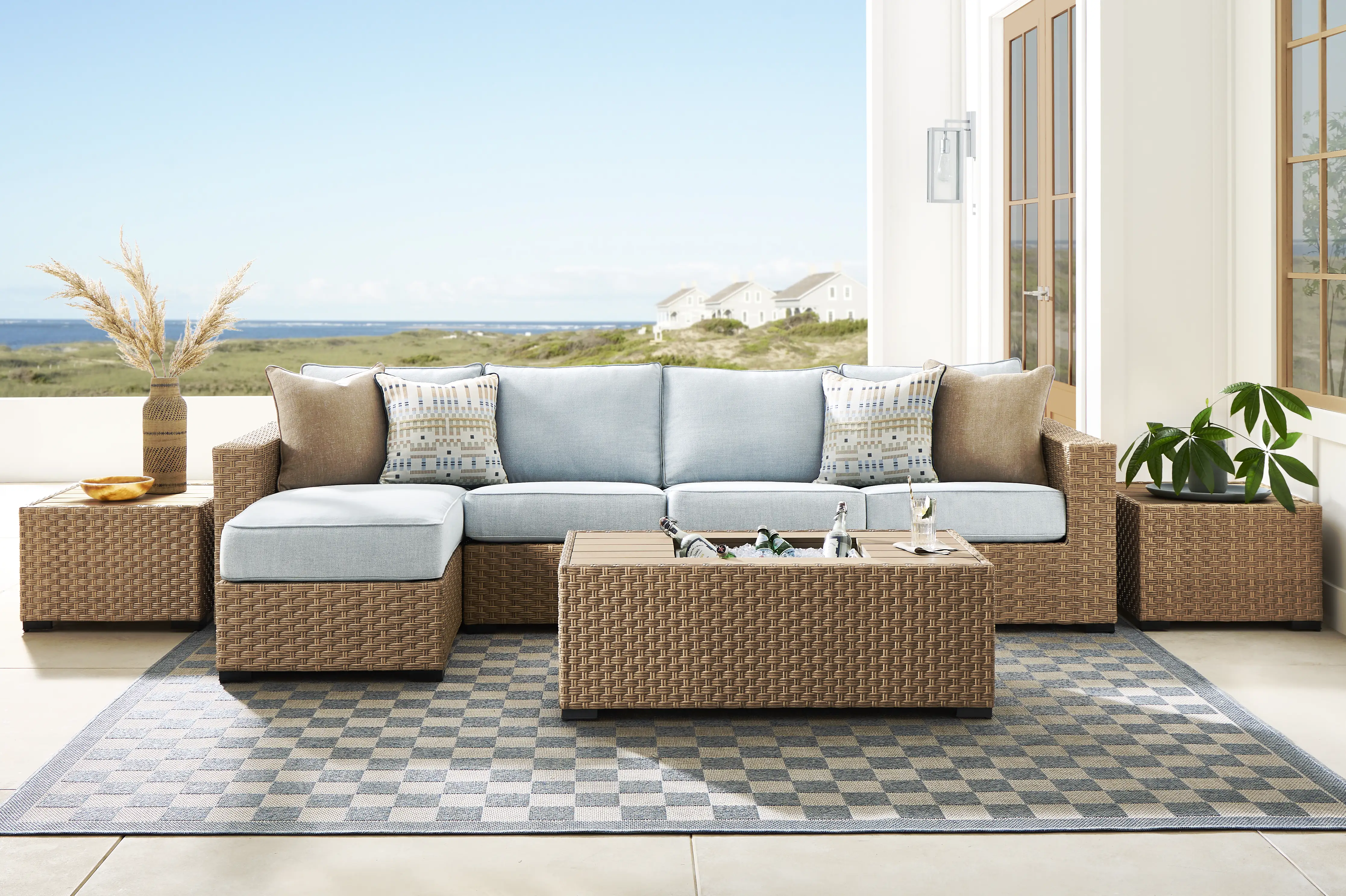 Rialto II Natural 3 Pc Outdoor Sectional with Sky Cushions - Thumbnail - Image 2
