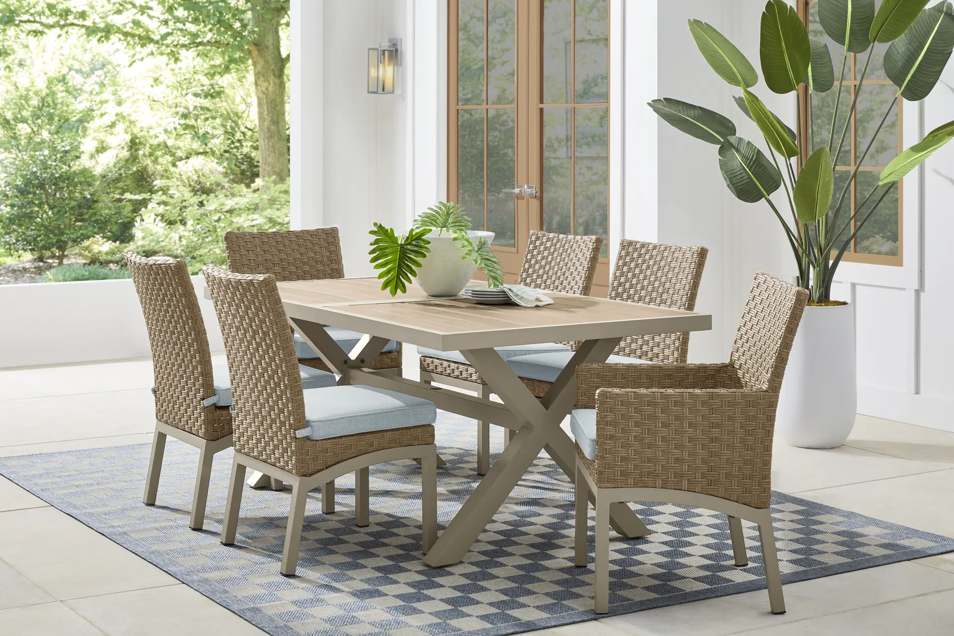 Rialto II Natural 7 Pc 71 in. Outdoor Dining Set with Sky Cushions