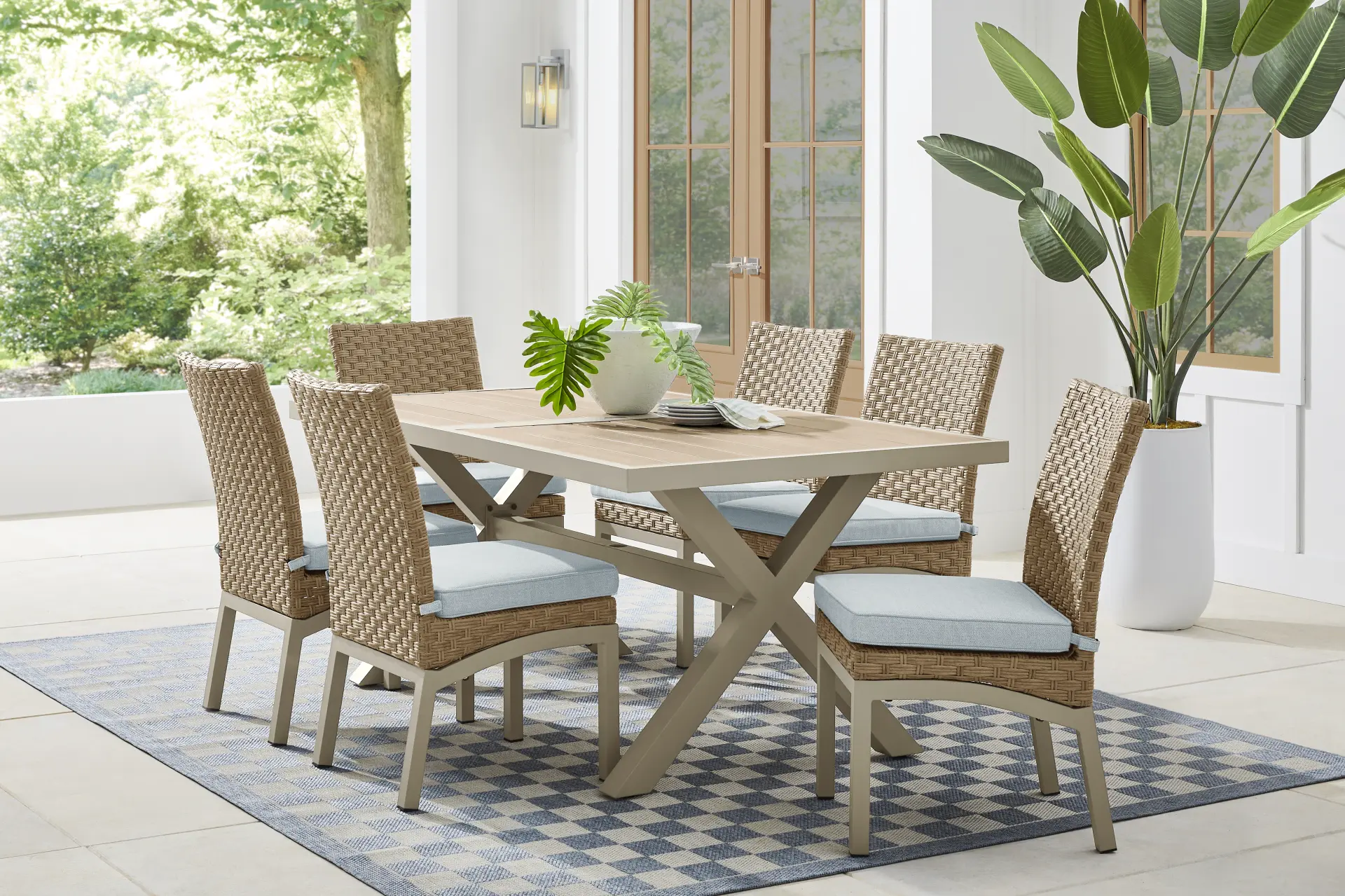 Rialto II Natural 7 Pc 71 in. Outdoor Dining Set with Sky Cushions