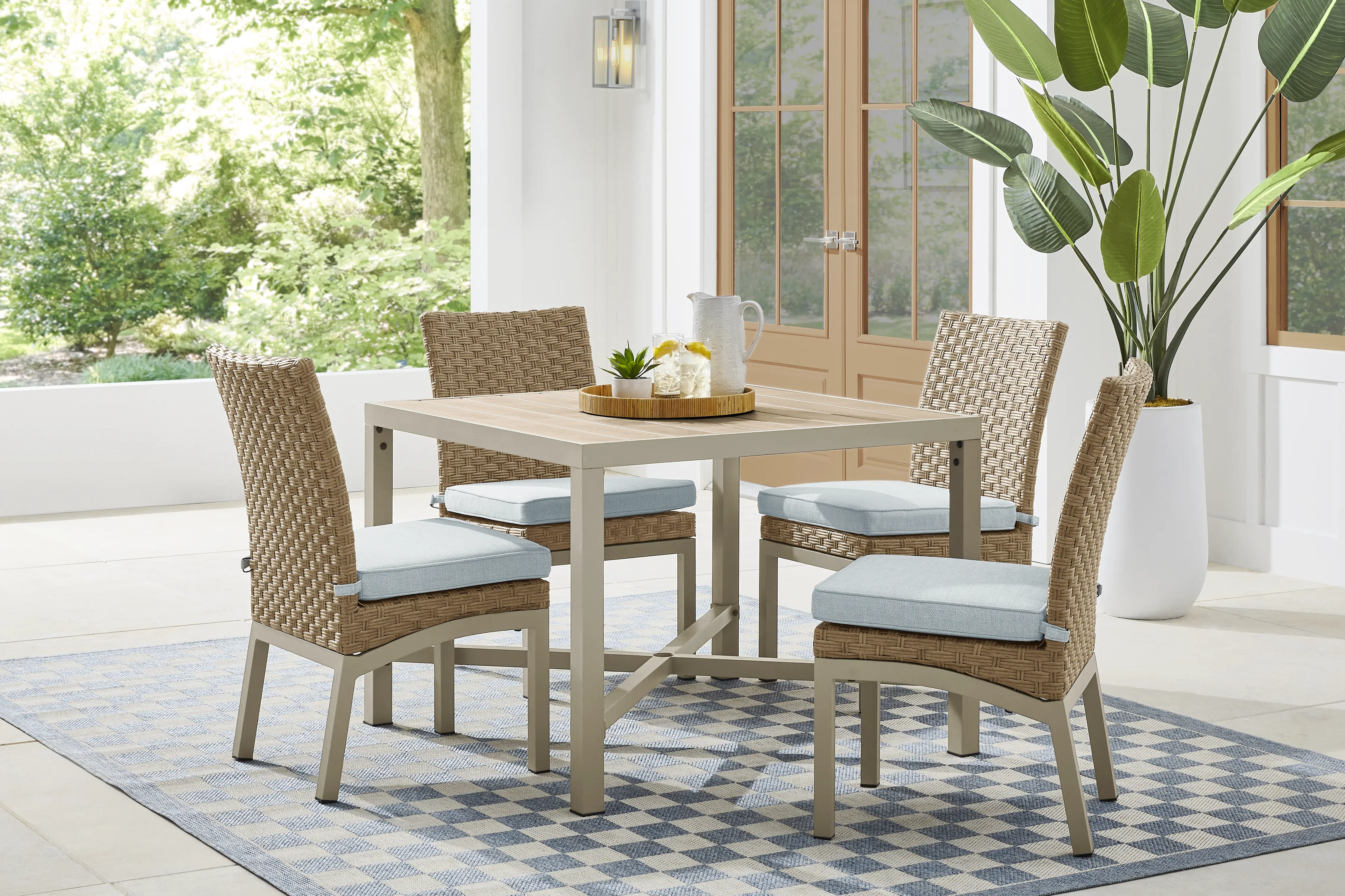 Rialto II Natural 5 Pc 40 in. Square Outdoor Dining Set with Sky Cushions - Thumbnail - Image 1