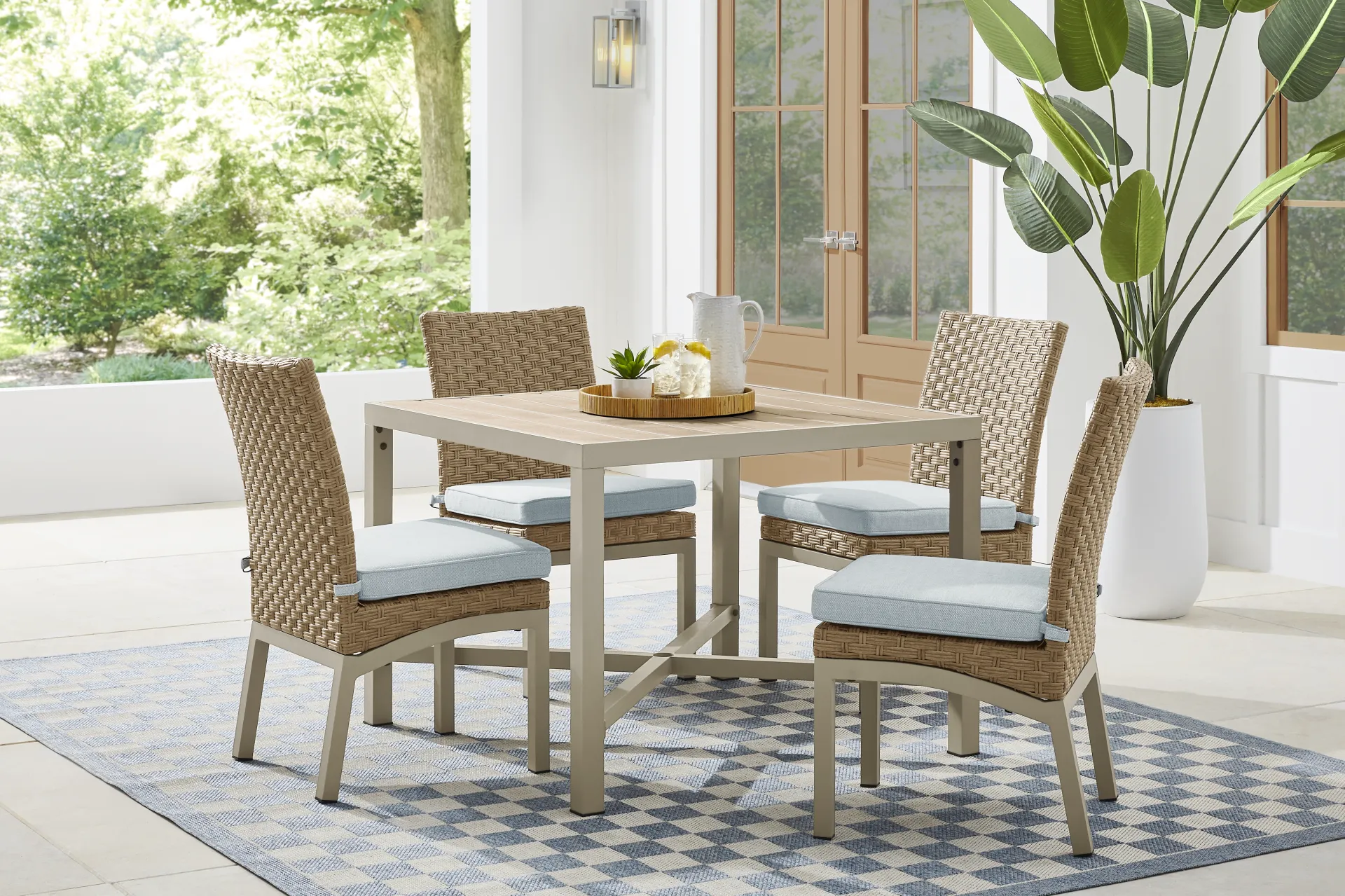 Rialto II Natural 5 Pc 40 in. Square Outdoor Dining Set with Sky Cushions - Image 1