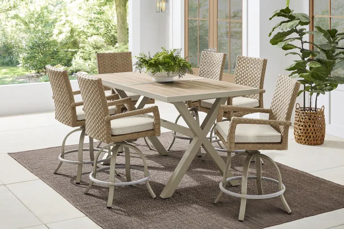 Rialto II Natural 7 Pc 71 in. Bar Height Outdoor Dining Set with Sand Cushions
