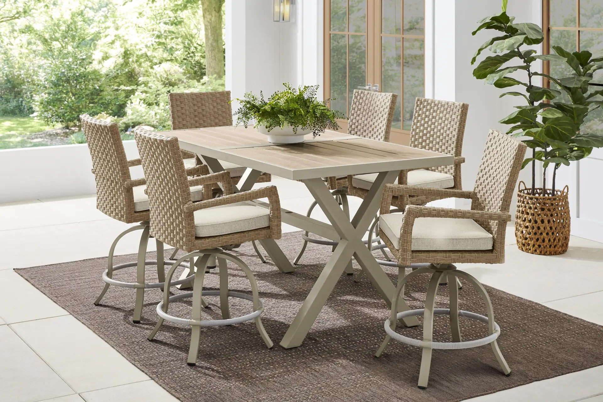 Rialto II Natural 7 Pc 71 in. Bar Height Outdoor Dining Set with Sand Cushions