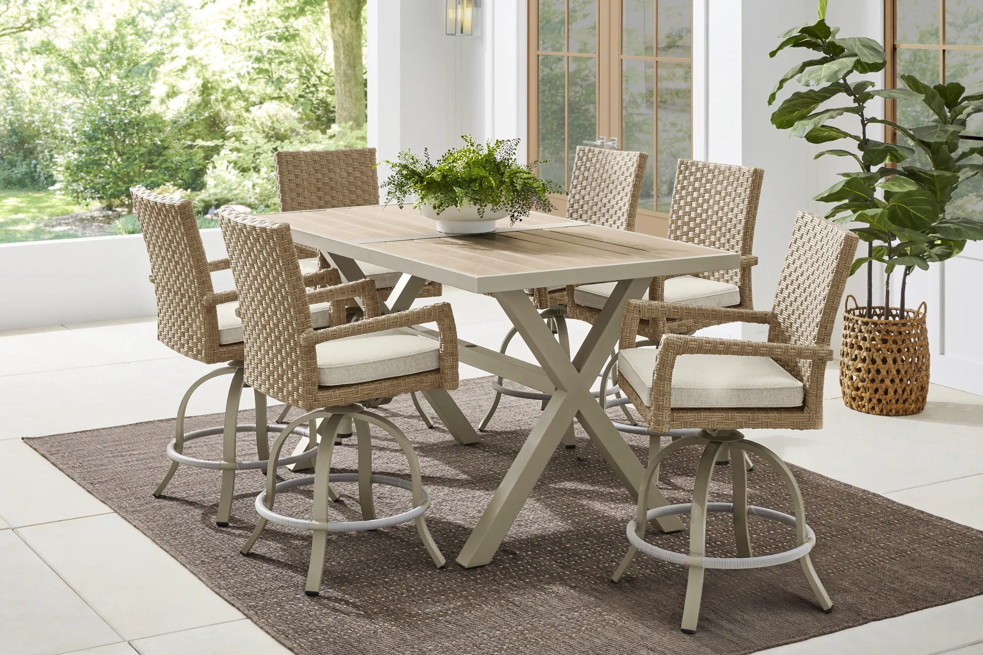 Rialto II Natural 7 Pc 71 in. Bar Height Outdoor Dining Set with Sand Cushions - Image 1