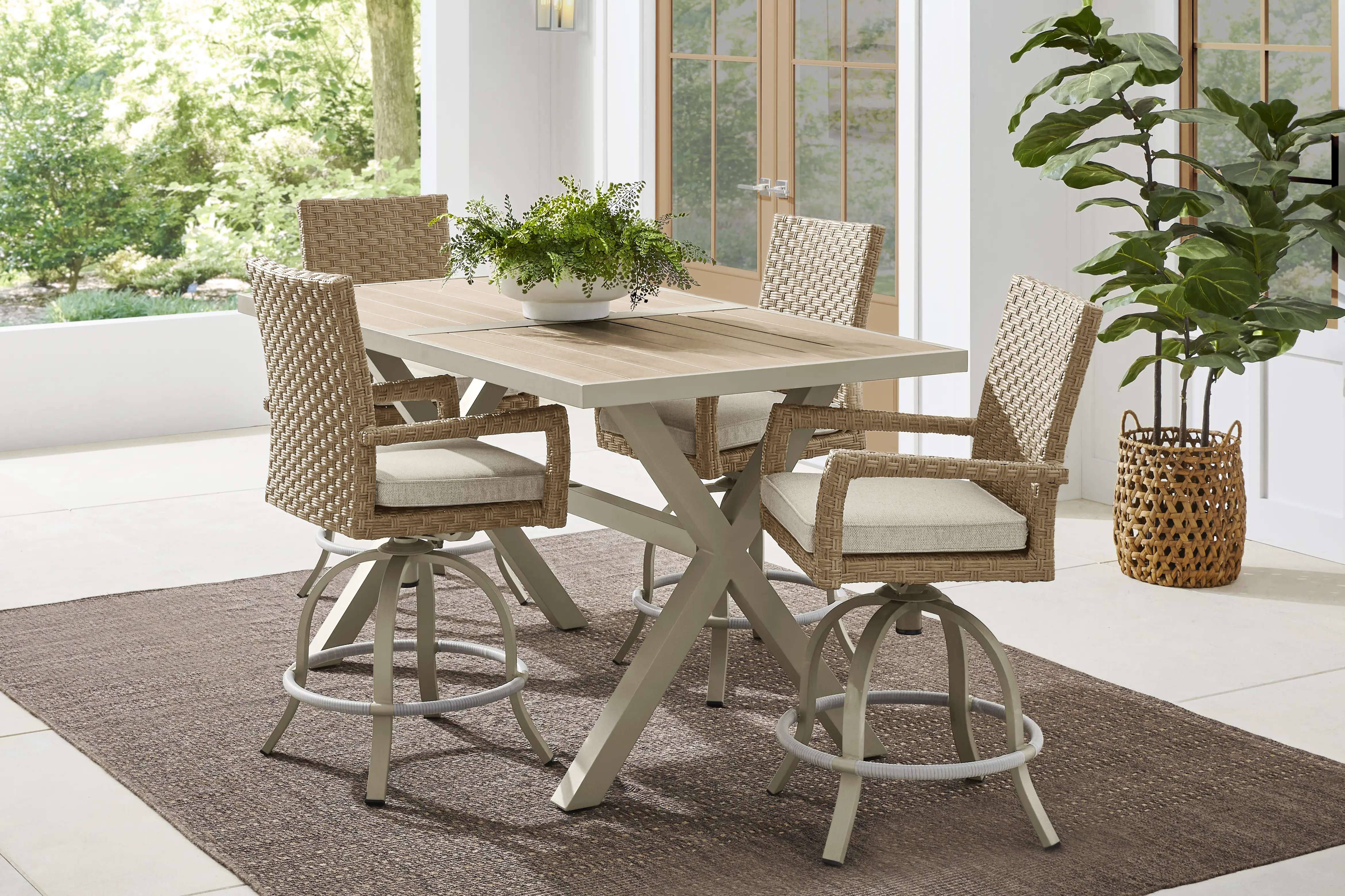 Rialto II Natural 5 Pc 71 in. Bar Height Outdoor Dining Set with Sand Cushions - Thumbnail - Image 1