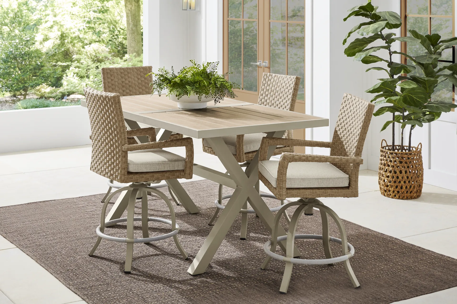 Rialto II Natural 5 Pc 71 in. Bar Height Outdoor Dining Set with Sand Cushions - Image 1