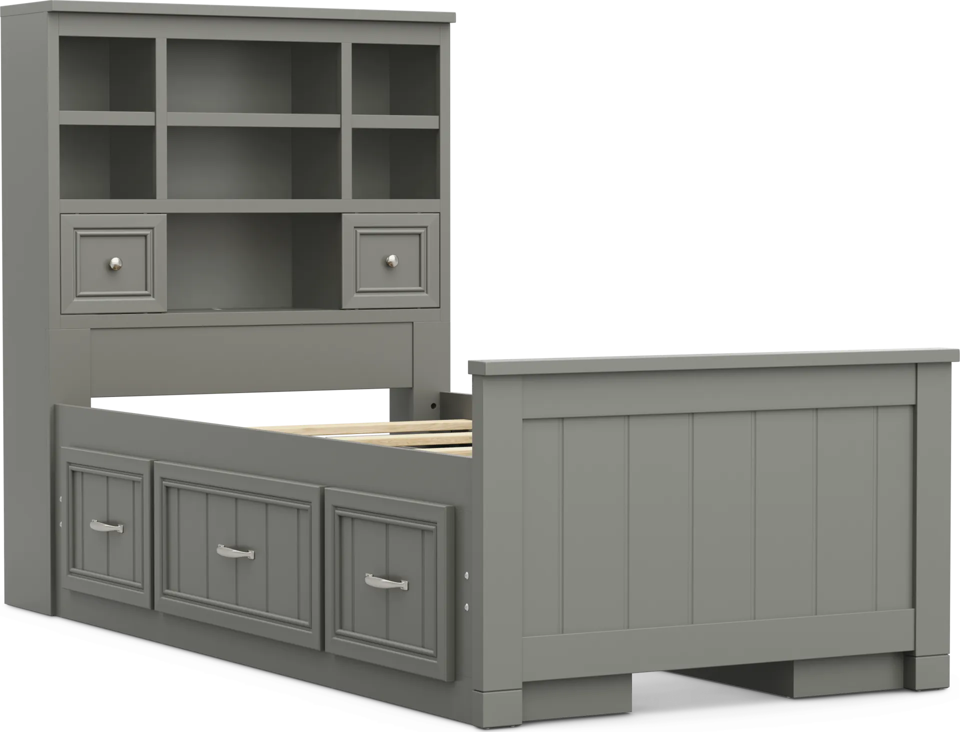 Kids Cottage Colors 2.0 Gray Twin Bookcase Bed with 2 Storage Side Rails - Image 1