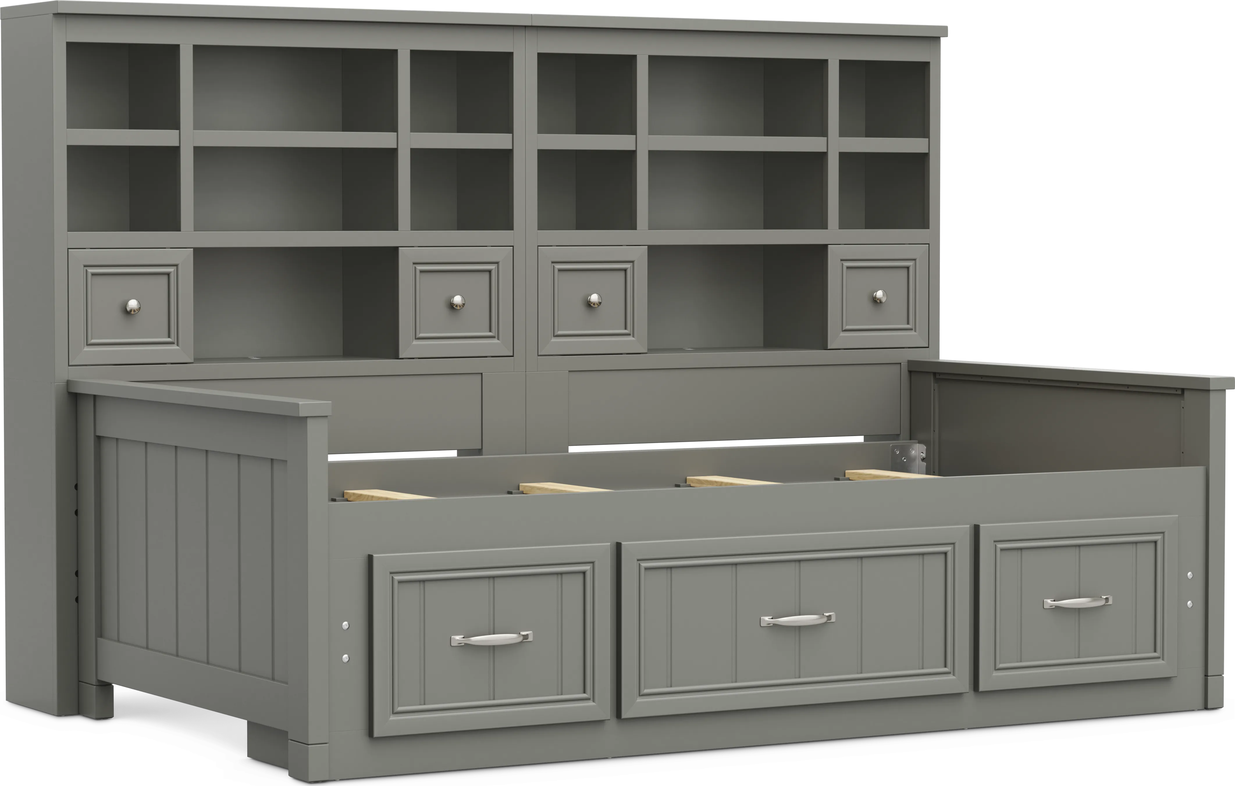 Kids Cottage Colors 2.0 Gray Twin Bookcase Wall Bed with Storage Side Rail - Thumbnail - Image 1