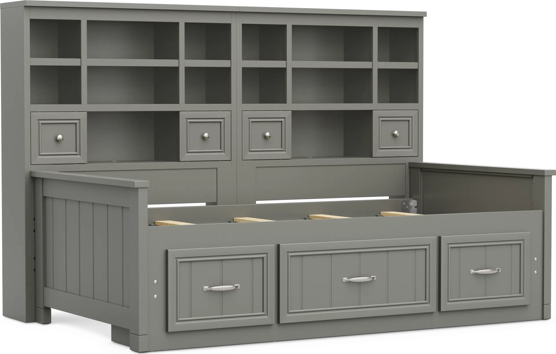 Kids Cottage Colors 2.0 Gray Twin Bookcase Wall Bed with Storage Side Rail - Image 1