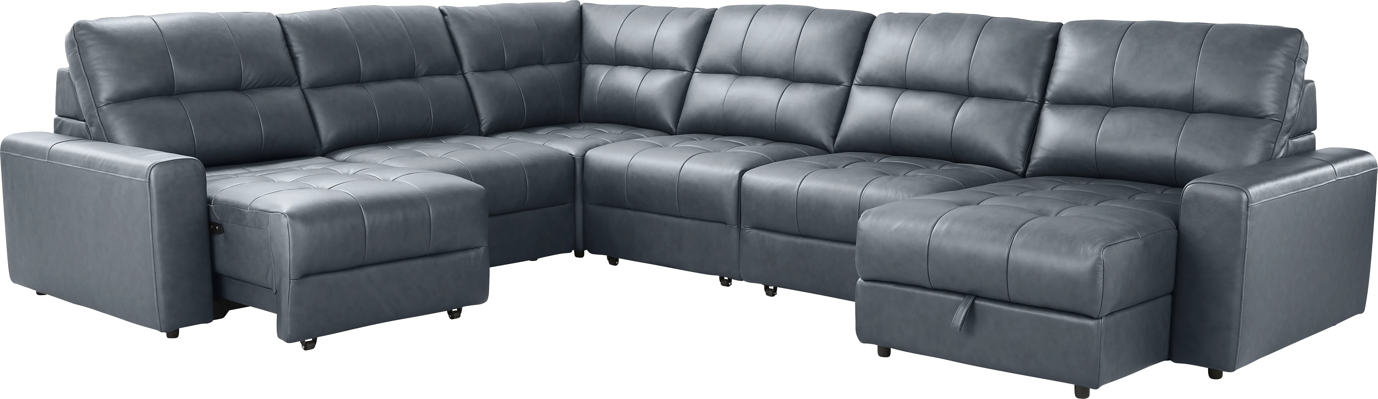Meriwether Slate Blue Leather 6 Pc Power Slider Sectional - Thumbnail - Image 1