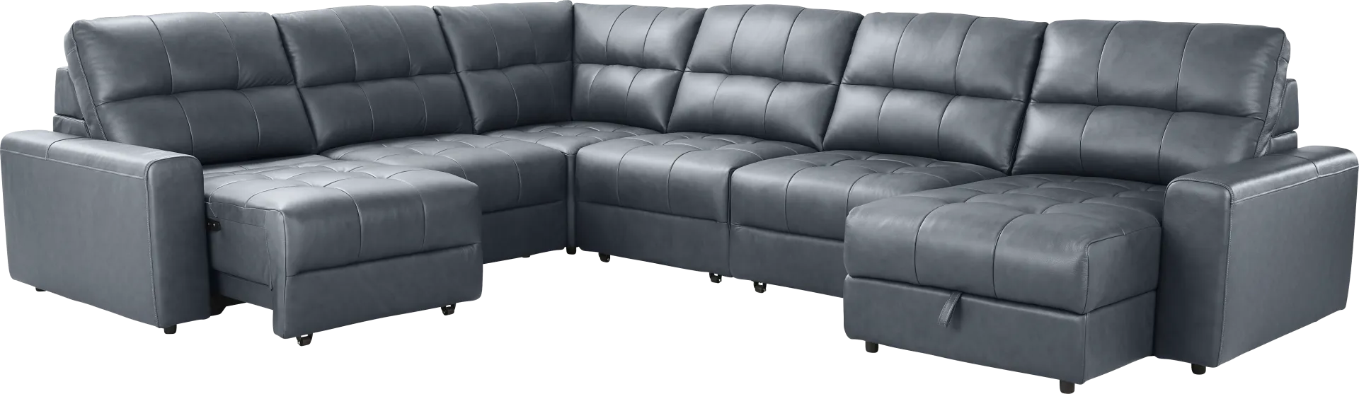 Meriwether Slate Blue Leather 6 Pc Power Slider Sectional - Image 1