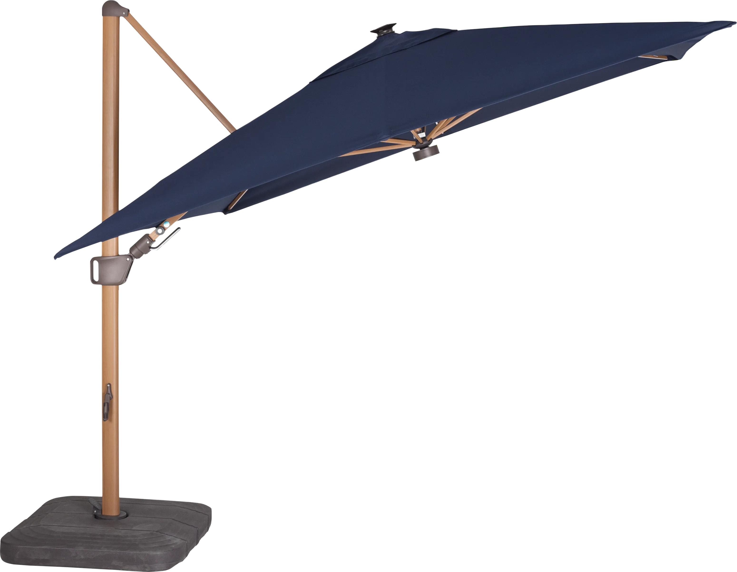 Creekview Natural Finish 10' Square Navy Outdoor Lighted Cantilever Umbrella with 50 lb. Base - Thumbnail - Image 1