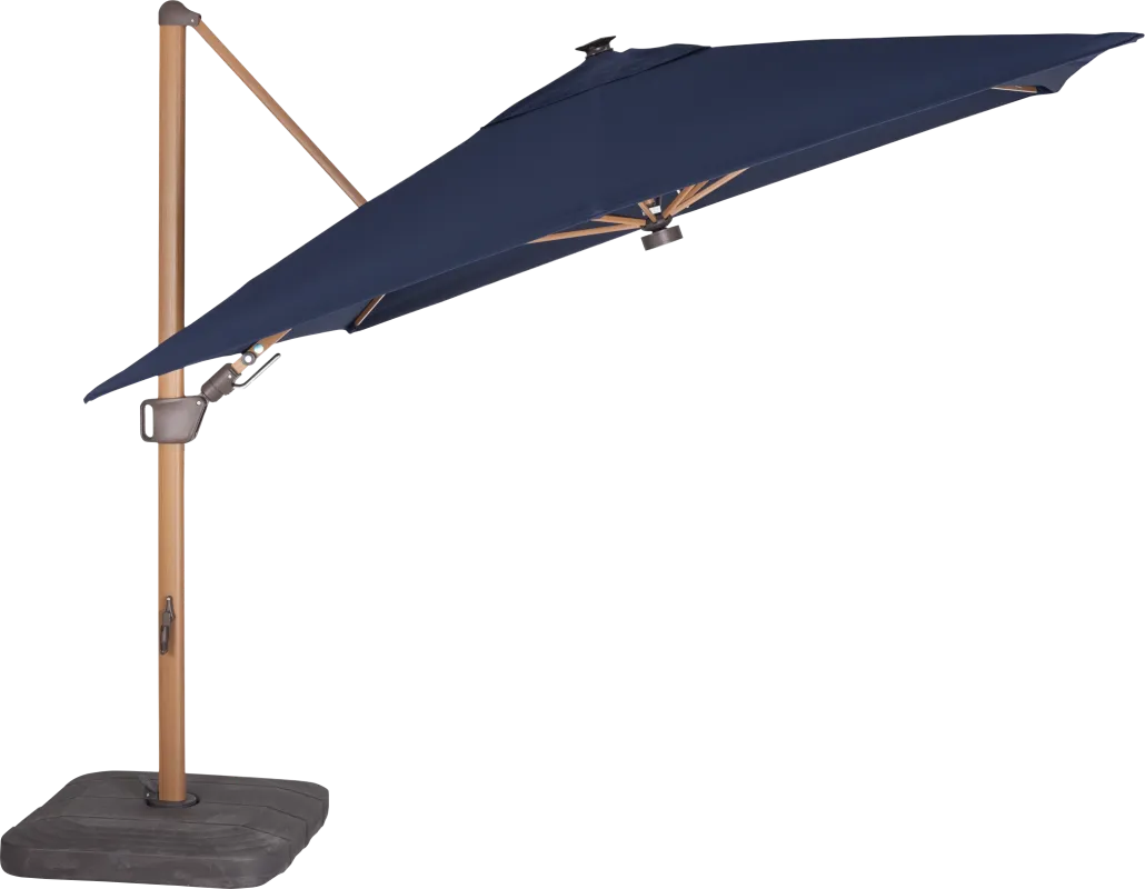 Creekview Natural Finish 10' Square Navy Outdoor Lighted Cantilever Umbrella with 50 lb. Base