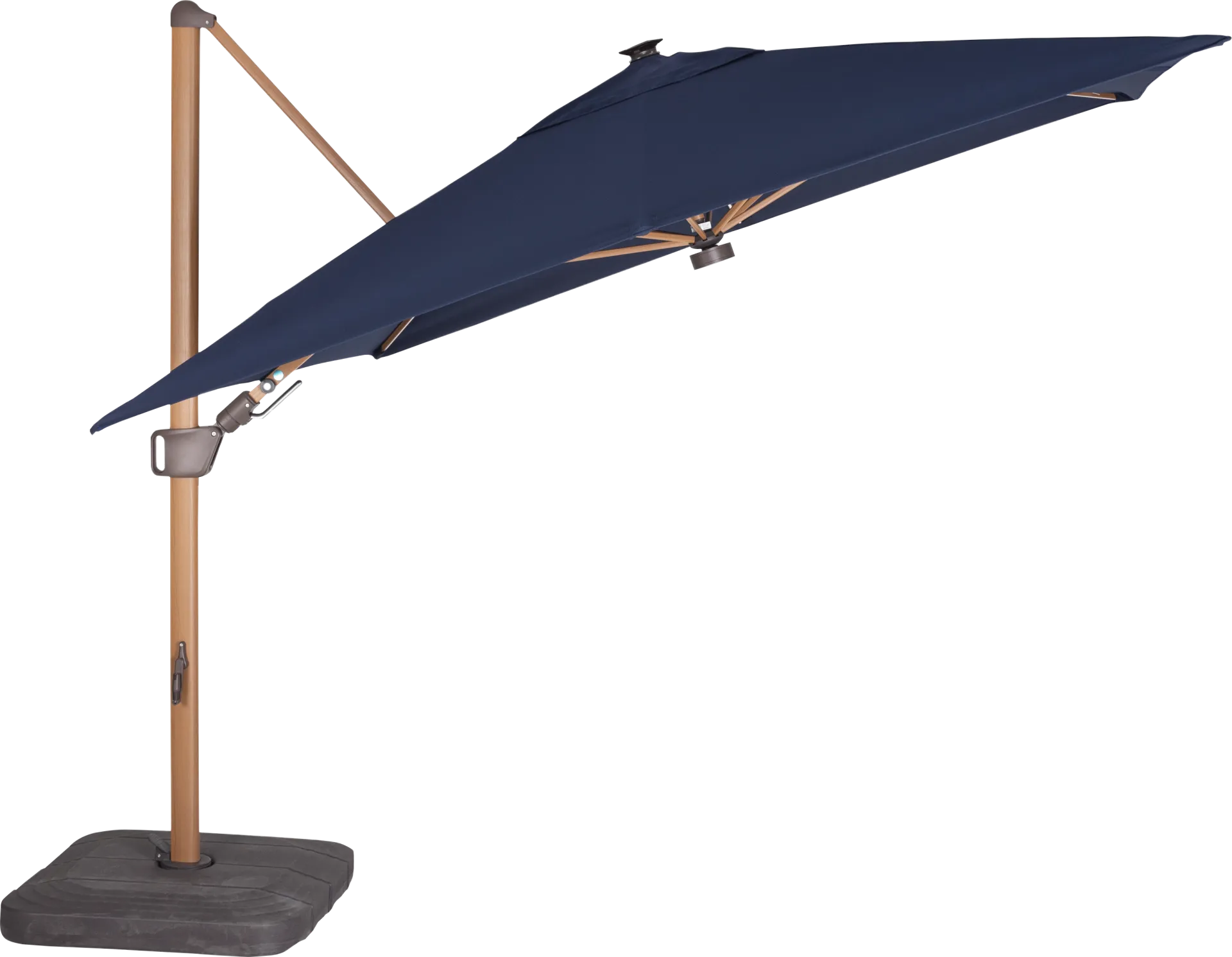 Creekview Natural Finish 10' Square Navy Outdoor Lighted Cantilever Umbrella with 50 lb. Base - Image 1