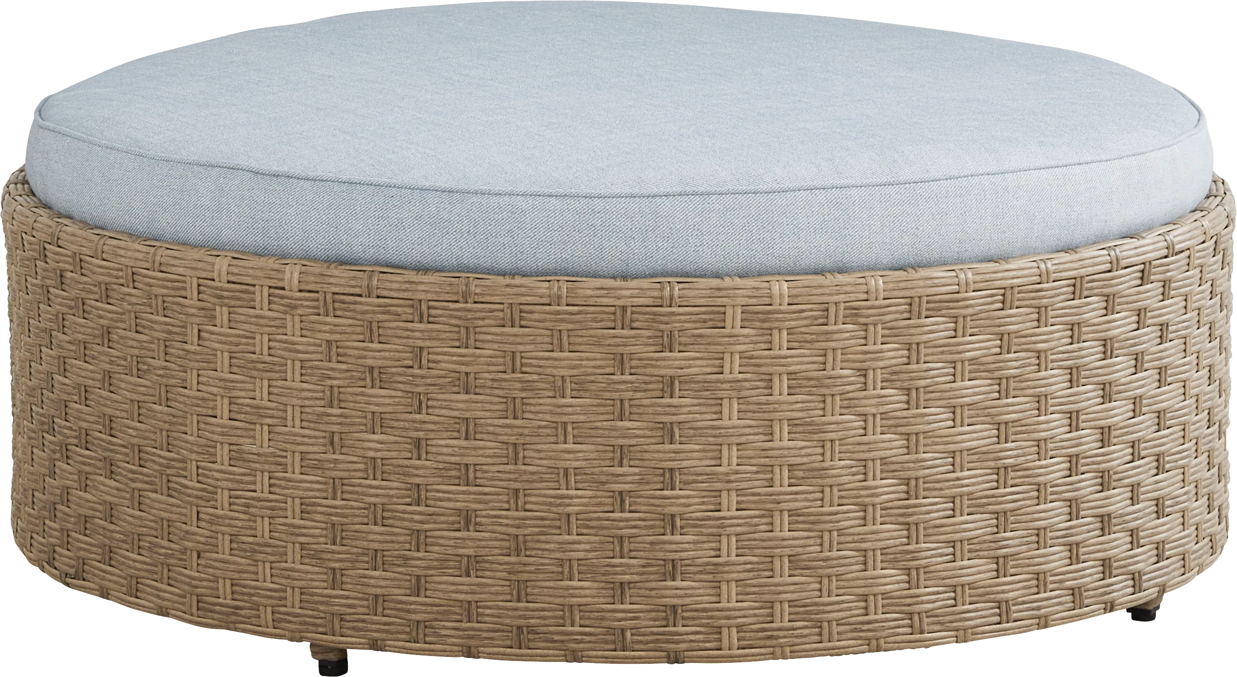 Rialto II Natural Round Outdoor Ottoman with Sky Cushion - Thumbnail - Image 1