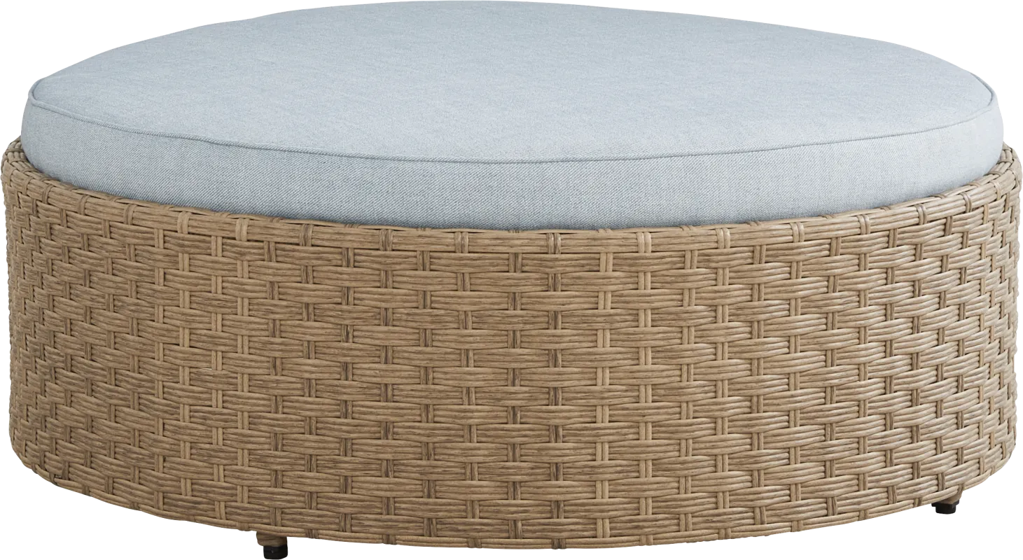 Rialto II Natural Round Outdoor Ottoman with Sky Cushion